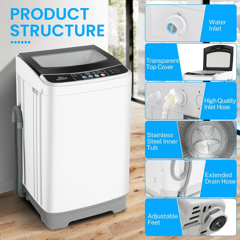 Nictemaw Portable Washing Machine, 2.4 Cu.ft Portable Washer 17.8Lbs Capacity Full Automatic Washing Machine with 10 Programs 8 Water Levels, Drain Pump, Glass Top Lid, for Apartment, Dorm, Home, RVs
