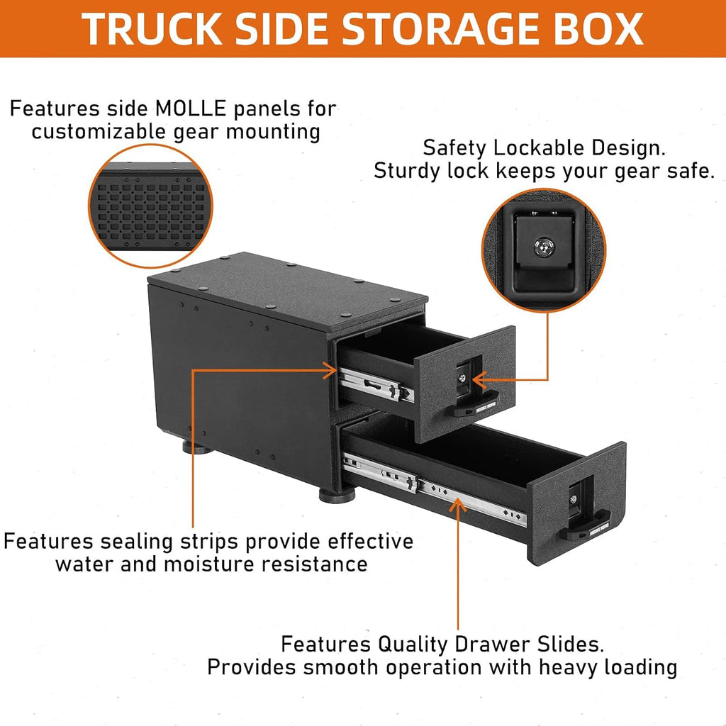 Hooke Road Truck Bed Tool Box MOLLE Panel for Jeep Gladiator JT, Toyota Tacoma 5' Bed, Chevy Colorado & GMC Canyon 5'2' Bed, Wheel Well Lockable Toolbox Security Tool Organizer