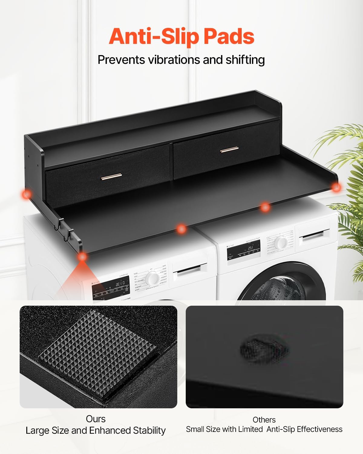 VEVOR 2 Drawers Washer Dryer Countertop with Shelf, 54' x 27' Wooden Laundry Countertop with 2 Hooks & Non-Slip Pads, Washer and Dryer Covers for The Top, Laundry Room Organization and Storage, Black