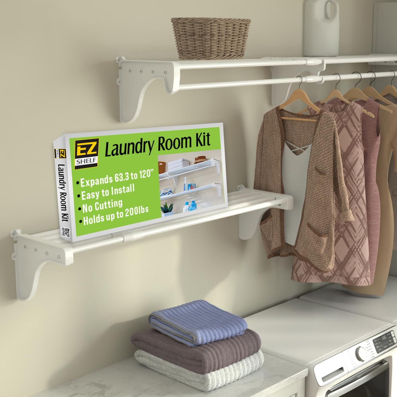 EZ Shelf Expandable Laundry Room Shelves Over Washer and Dryer - 2 Shelves (Expands 63.3 to 120') - 1 With Hanging Rod - White - Laundry Room Organization