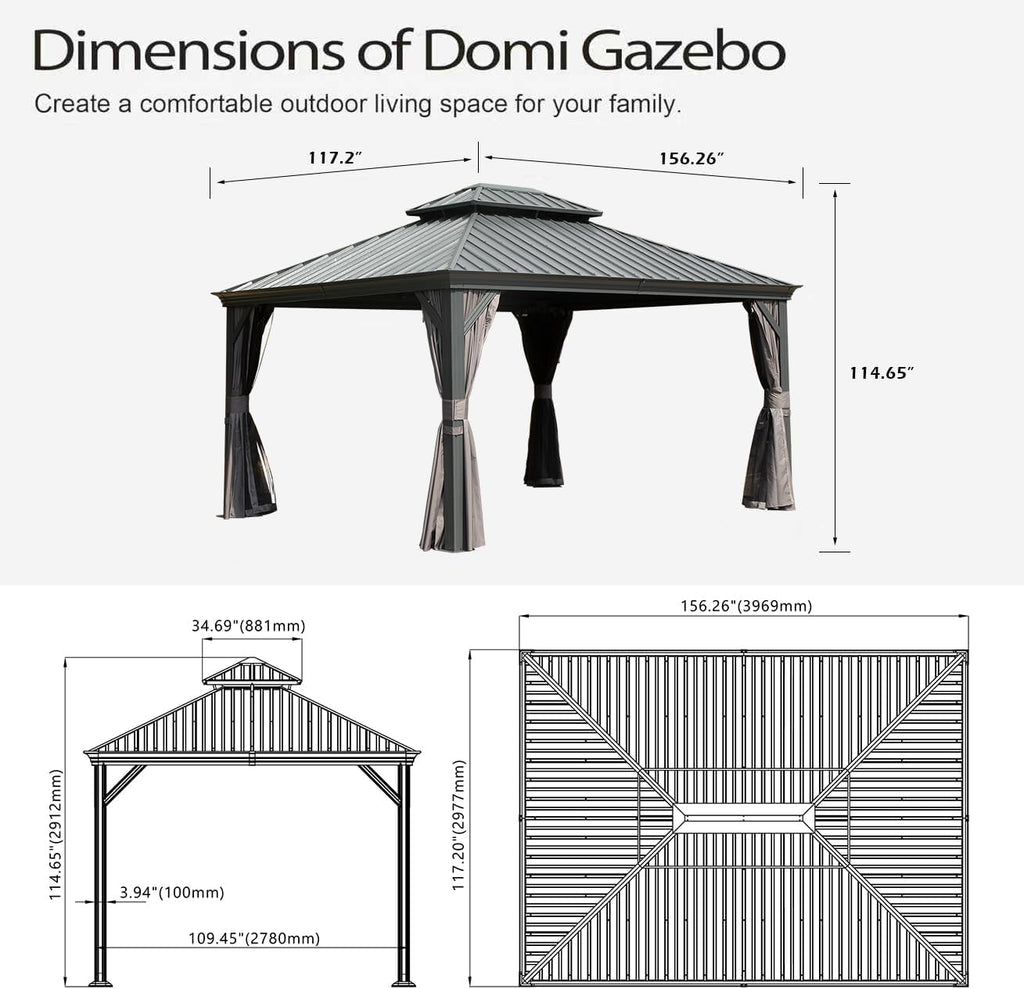 Domi 10x13FT Outdoor Gazebo, Hardtop Gazebo with Galvanized Steel Double Roof, Metal Gazebos with Drainage System Patio Pergola for Patio Deck Backyard,Curtain and Netting,Gray