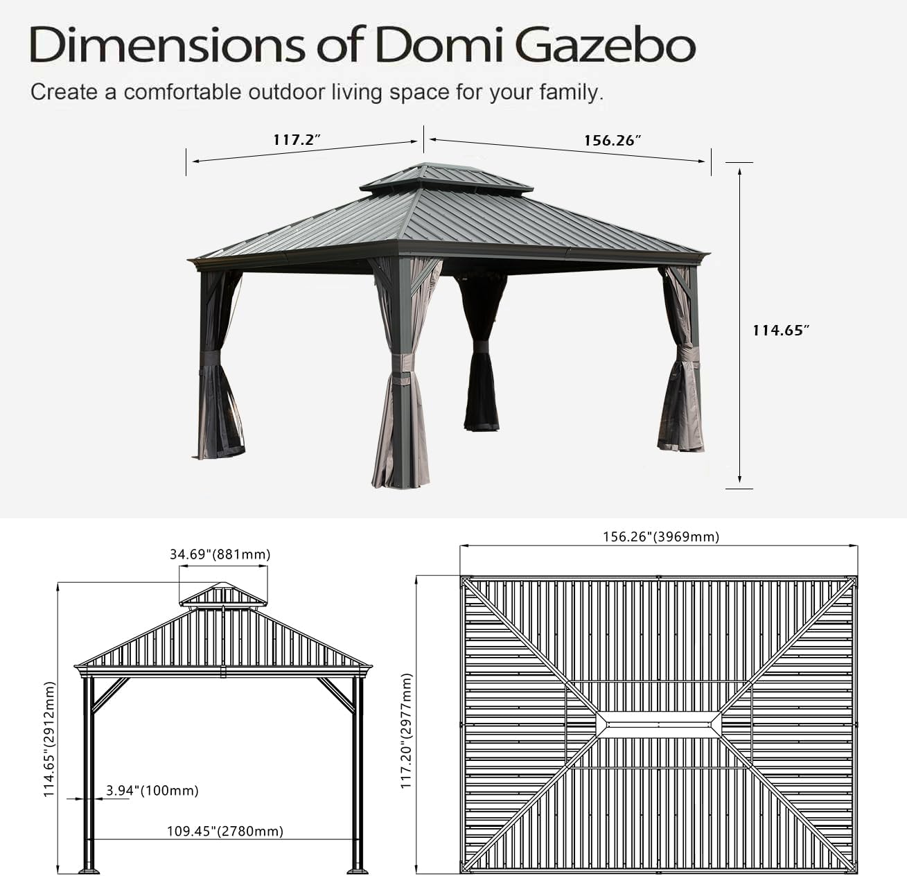 Domi 10x13FT Outdoor Gazebo, Hardtop Gazebo with Galvanized Steel Double Roof, Metal Gazebos with Drainage System Patio Pergola for Patio Deck Backyard,Curtain and Netting,Gray