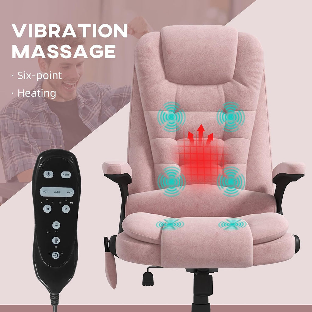 HOMCOM Executive Office Chair with 6 Points Vibration Massage and Heated Lumbar Support, Velvet High Back Computer Chair with Reclining Backrest, Tilt Function and Padded Armrests, Pink