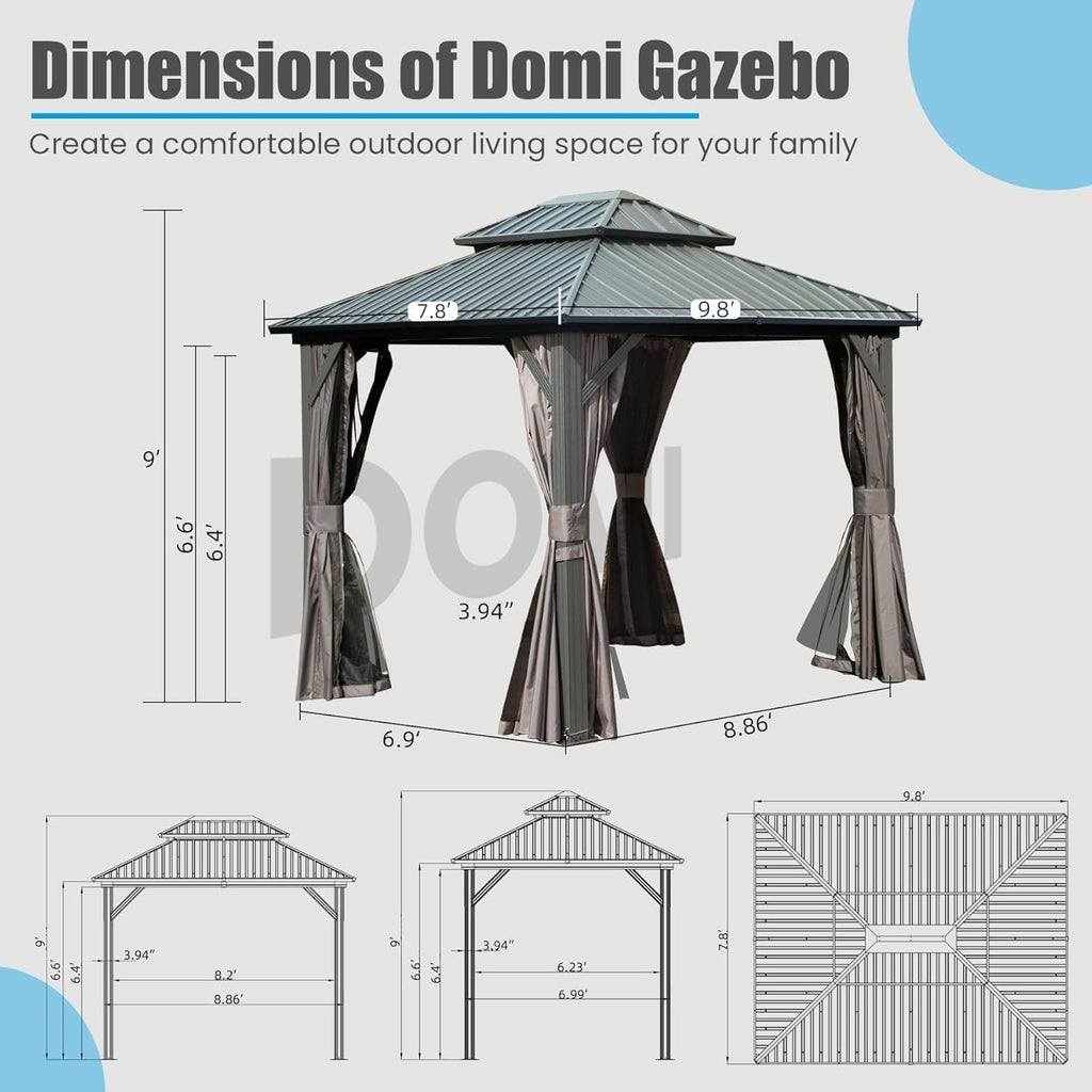 Domi 8' X 10' Hardtop Gazebo Canopy with Netting & Curtains, Outdoor Metal Gazebo with Galvanized Steel Double Roof for Patio Lawn and Garden, Gray