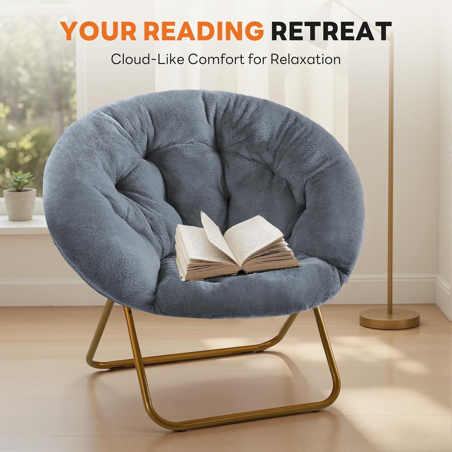 Sweetcrispy Saucer Chairs, Comfy Folding Cozy Faux Fur Living Room Reading Lounge Chair with Soft Thick Padded Seat & Metal Frame Modern Style Bedroom Dorm for Kids Adults, X-Large - Classic Gray
