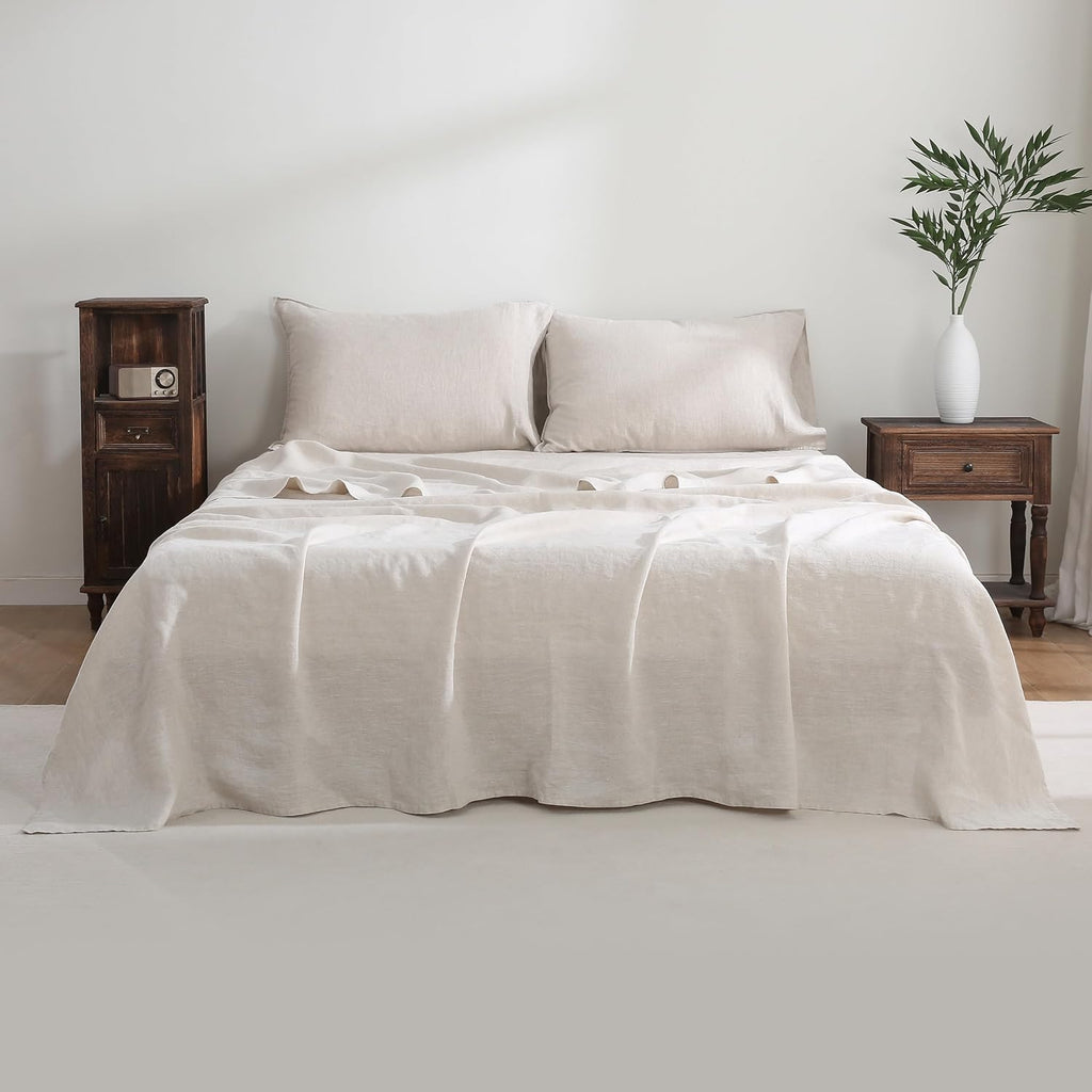 100% French Linen Sheets Set King Size-4Pcs Natural Washed Flax Bed Sheets Soft Breathable and Durable- 1 Flat Sheet 1 Fitted Sheet 2 Pillowcases (Natural Linen, King)
