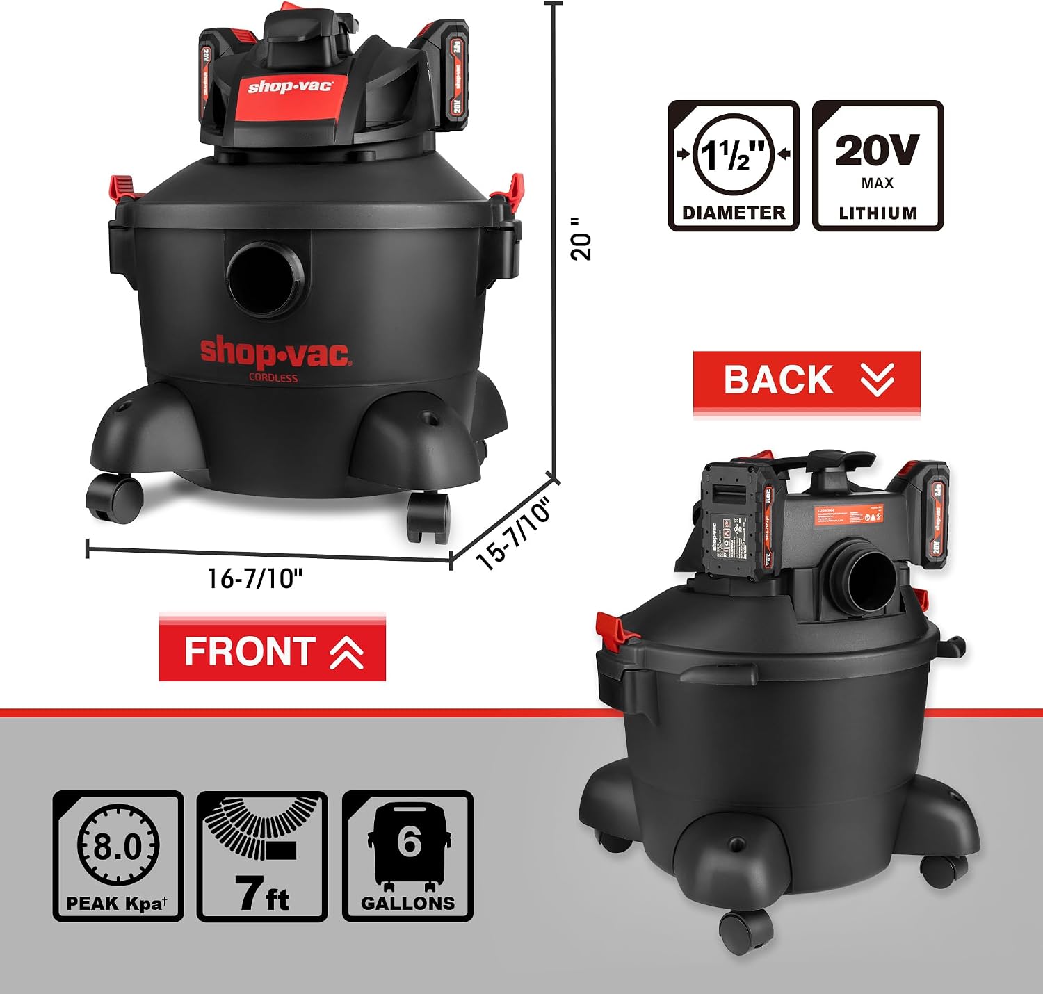 Shop-Vac 5430030 6 Gallon Cordless Wet/Dry Vac, 8.0 Peak Kpa, 1.5 Inch Diameter x 7 Foot Hose, Portable Design for Easy Cleanup in Home, Garage, and Vehicle