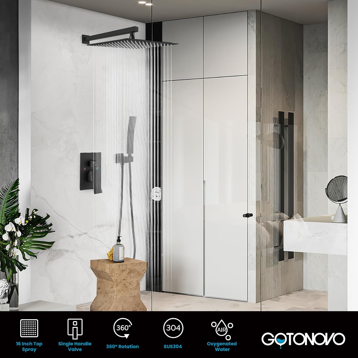 gotonovo Rainfall Bathroom Shower System Rain Shower Head and Handle Set Wall Mounted Shower Complete Combo Solid Brass Pressure Balancing Shower Mixer Valve 16 Inch Matte Black