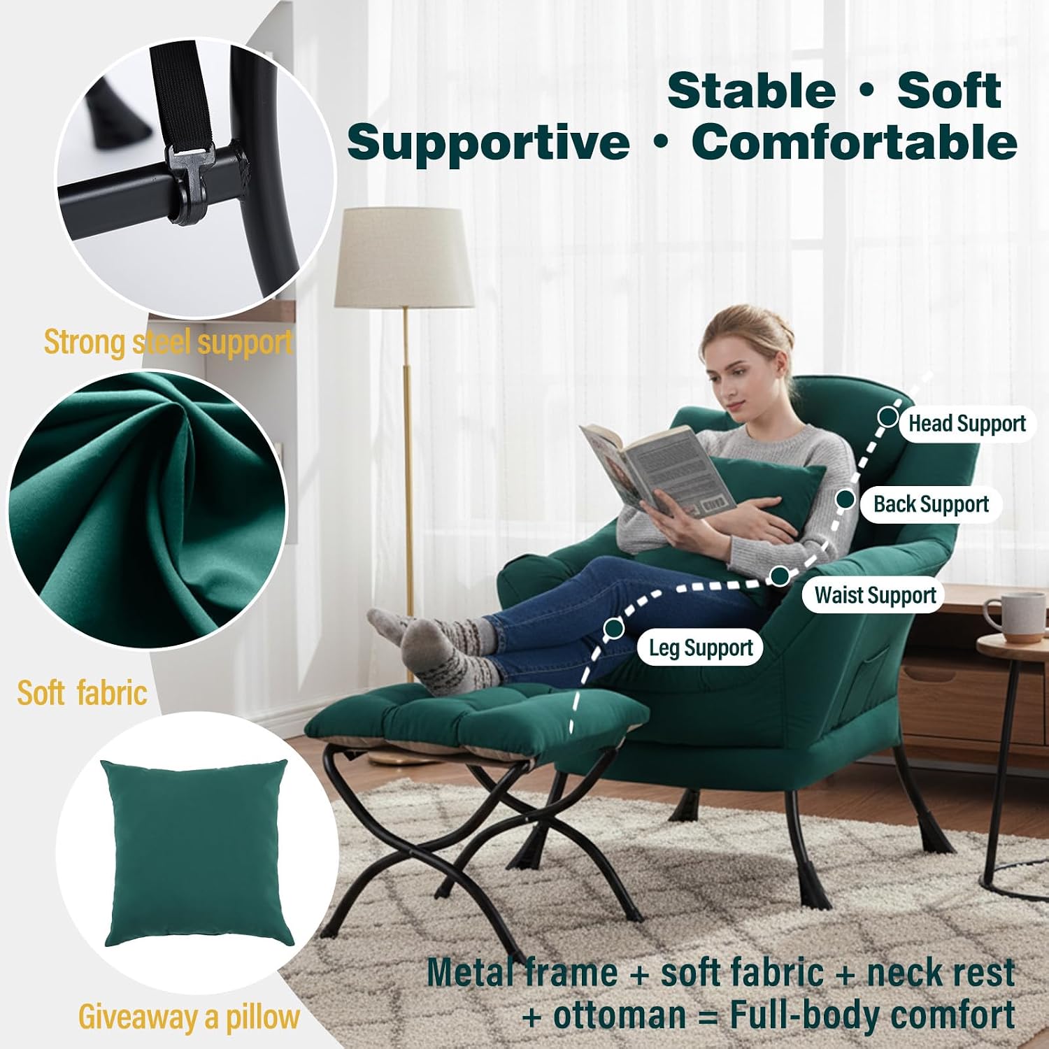 Lazy Chair with Ottoman, Large Accent Chair with Ottoman and a Throw Pillow, Dark Green Reading Chair for Living Room Bedroom Dorm Room Office Apartment Relaxing Use