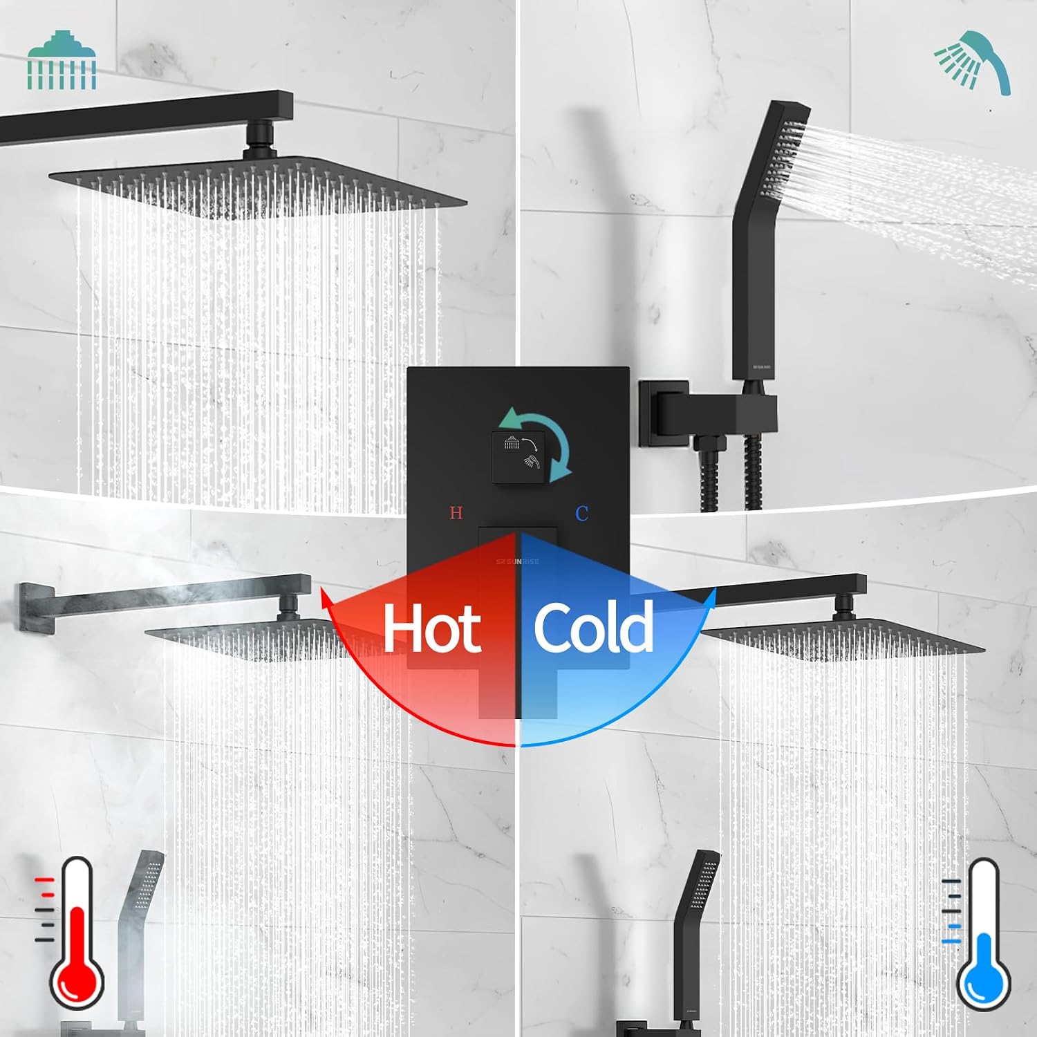 SR SUN RISE Black Square Rainfall Shower Head and Handle Set, Wall Mounted Shower Fixtures, Metal Shower Faucet Trim Repair Kits (With Shower Valve)