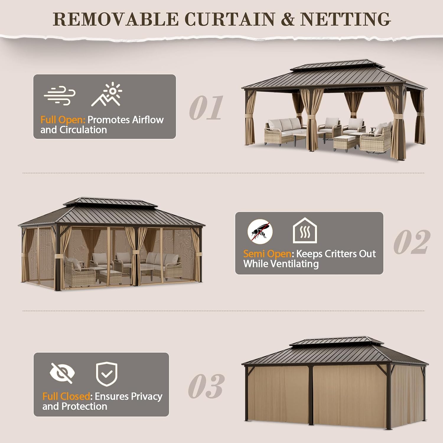 EAGLE PEAK 12x20 Hardtop Gazebo, Galvanized Steel Double Roof with Aluminum Frame, Outdoor Pavilion with Netting and Curtains for Patio, Deck, Lawn and Garden, Dark Brown/Tan