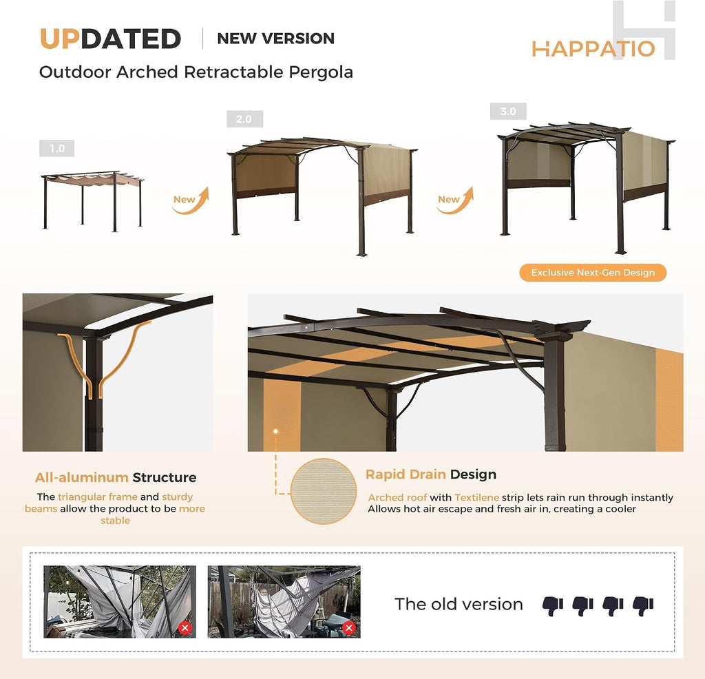 HAPPATIO 10' x10' Outdoor Retractable Pergola, Aluminum Pergola with Canopy Fixed in Various Positions, Arched Roof with Sun Shade Canopy, Metal Frame for Backyards, Gardens, Patios (Brown)