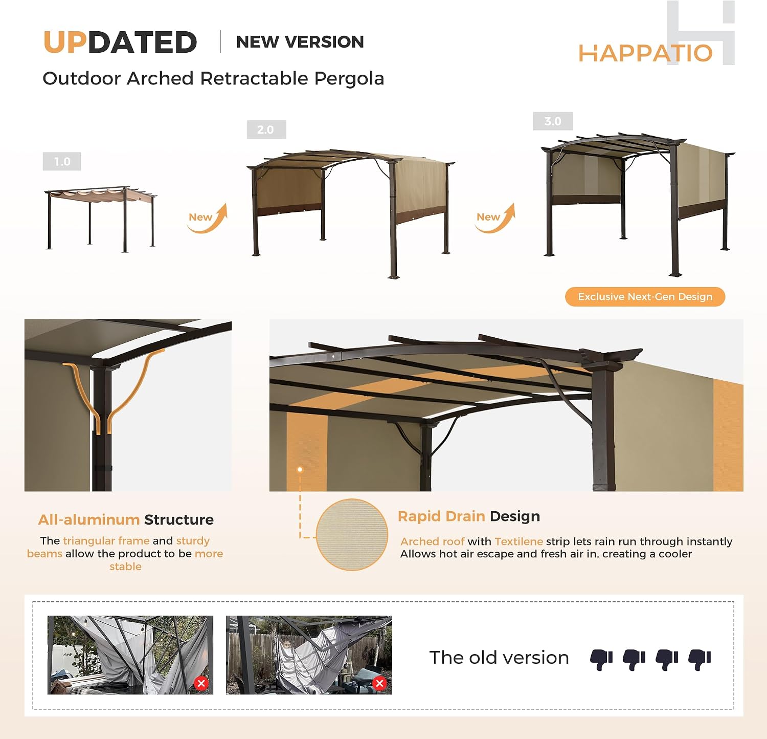 HAPPATIO 10' x10' Outdoor Retractable Pergola, Aluminum Pergola with Canopy Fixed in Various Positions, Arched Roof with Sun Shade Canopy, Metal Frame for Backyards, Gardens, Patios (Brown)