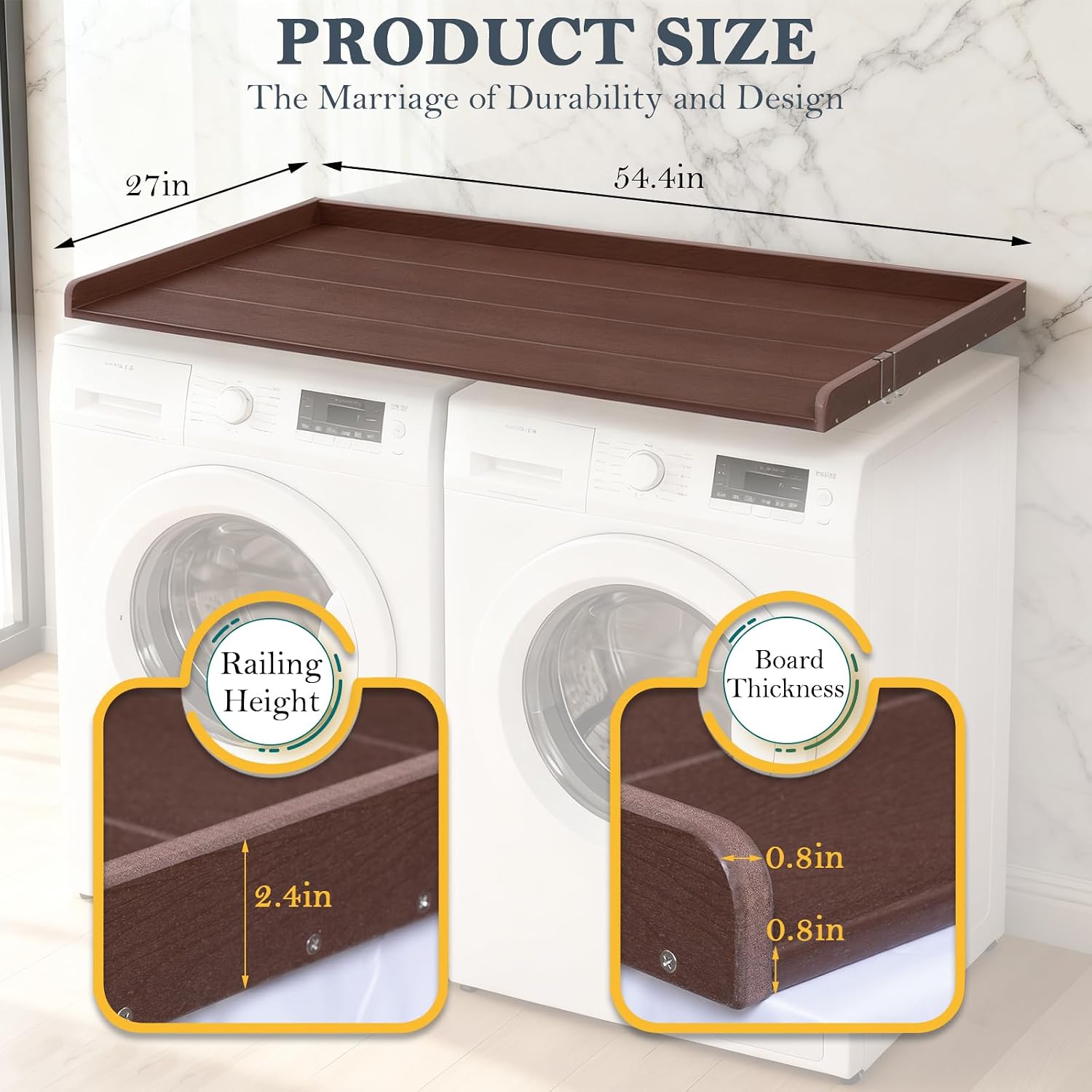 HDPE Washer Dryer Countertop, 54' x 27' Laundry Countertop with 2 Hooks & Non-Slip Pads, Washer and Dryer Topper for Laundry Room Organization, No-Installation(Brown)