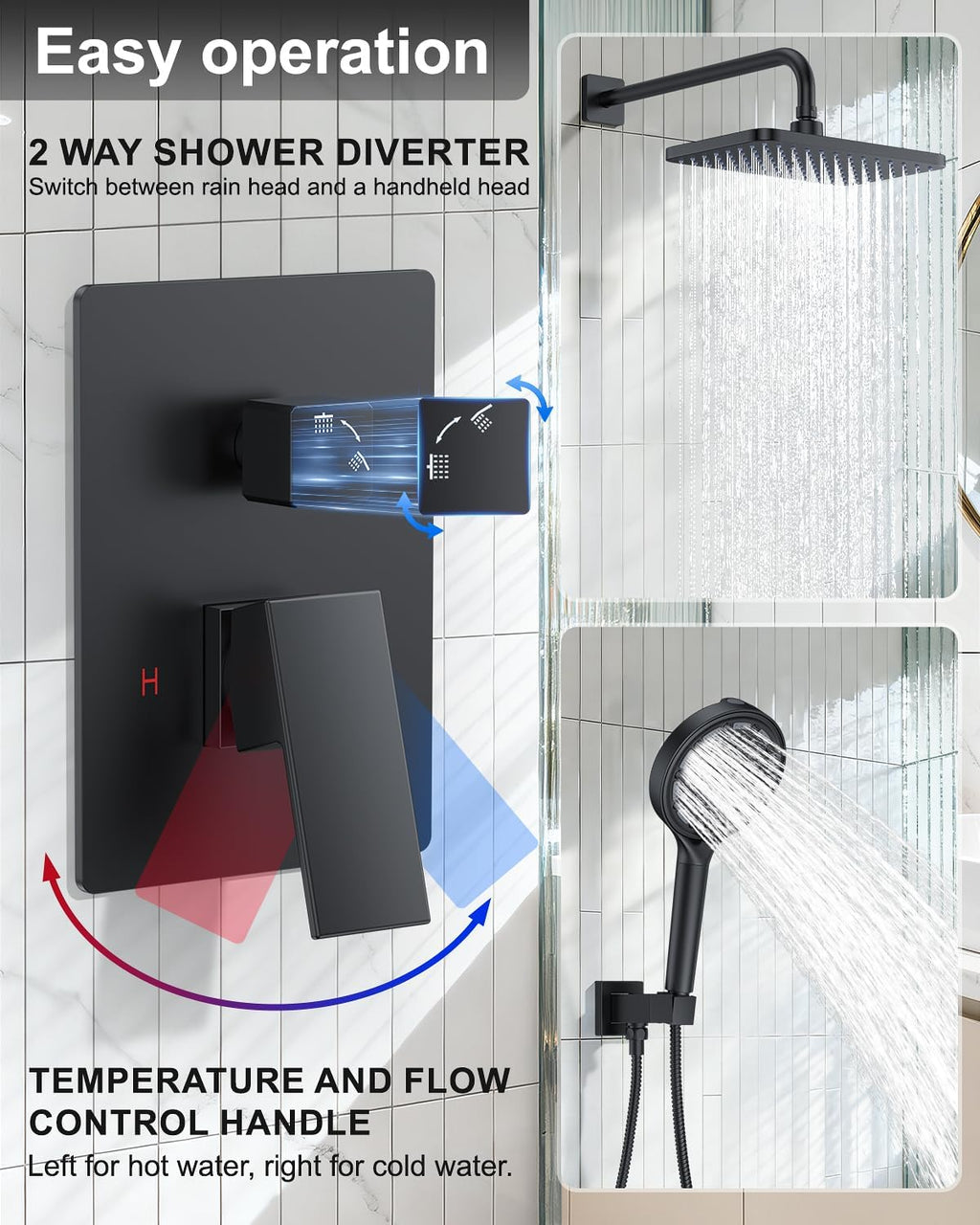 Matte Black 11-Inch Rainfall Shower System – Premium Filtered Handheld Sprayer & Fixed Shower Head, Complete Bathroom Set Faucet Mixer Trim & Valve