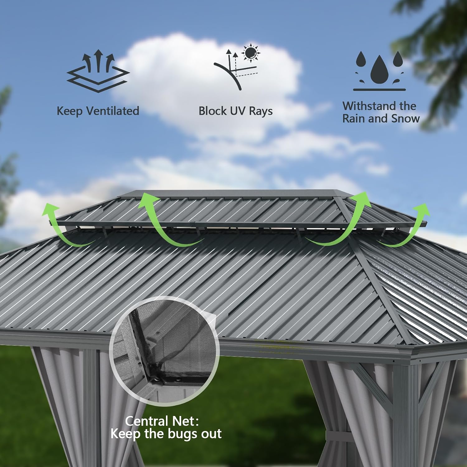 Domi 12x20FT Outdoor Gazebo, Hardtop Gazebo with Galvanized Steel Double Roof, Metal Gazebos with Drainage System Patio Pergola for Patio Deck Backyard,Curtain and Netting,Gray