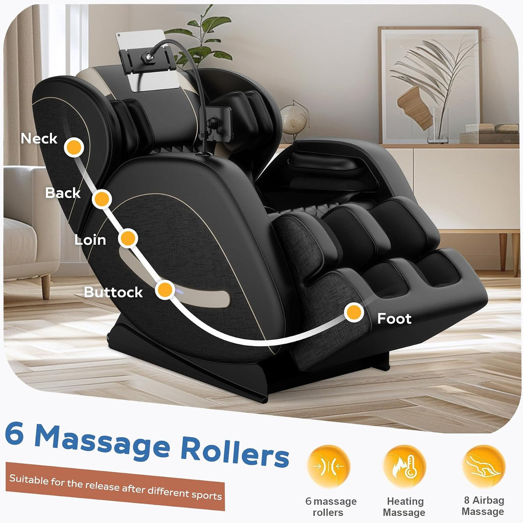 Zero Gravity Massage Chair Recliner with 8 Roller Heads, Full Body Air Pressure System, Heated Waist and Legs, Foot Roller Therapy, Bluetooth Audio, Automatic Programs for Home Office, Black