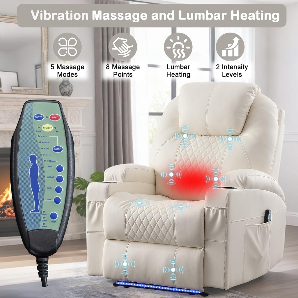 Power Recliner Chair with Heat and Massage for Adults - Home Theater Seating with LED Lights,Cup Holders,Side Pocket,USB Port - Recliner Sofa for Living Room (Beige, Single Recliner)