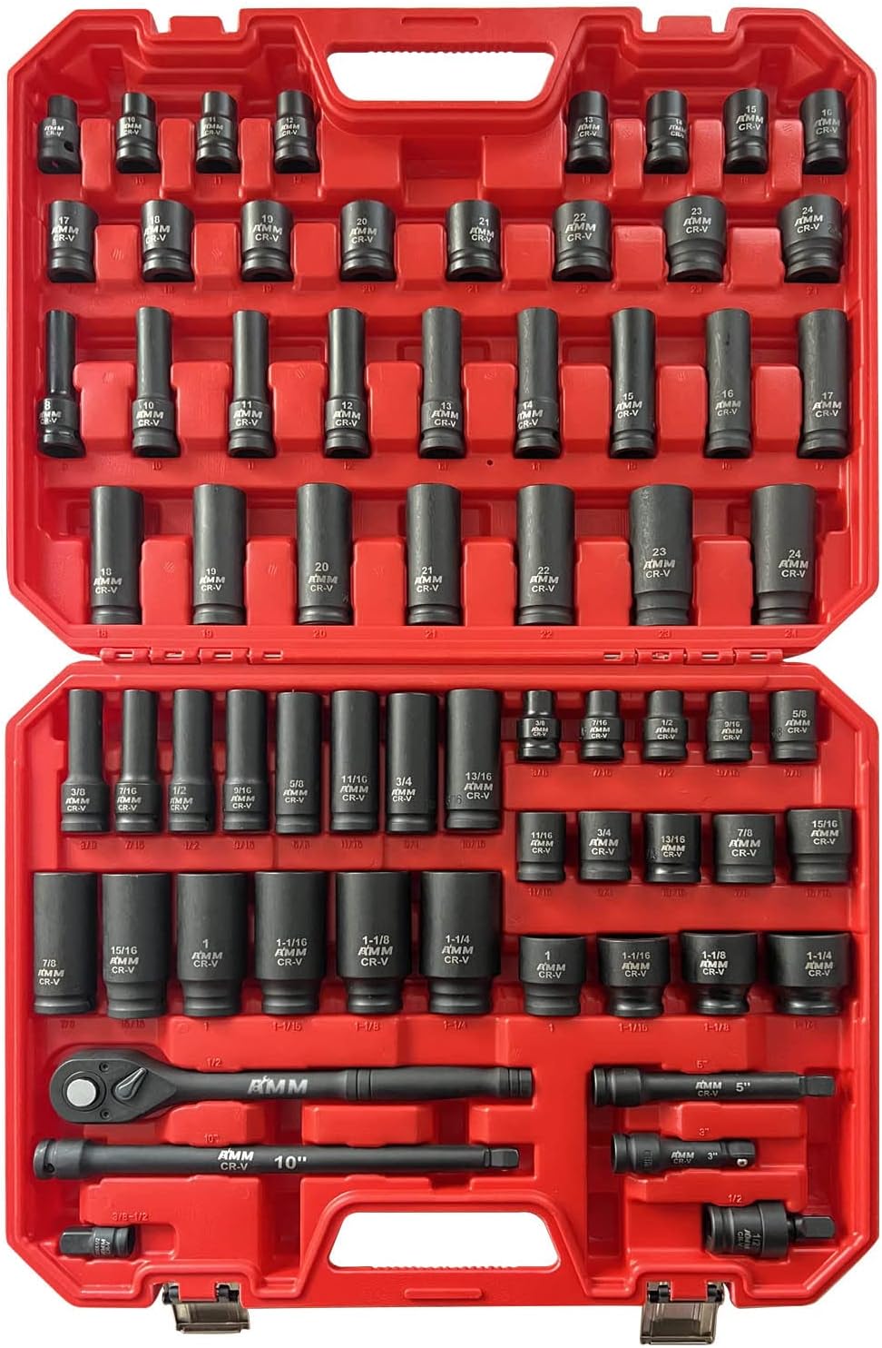 AMM 1/2-inch 66 Pieces Impact Socket Master Set, SAE & Metric from 5/16'-1-1/4',8-24mm, Shallow/Deep Socket Set with Ratched Hand, Extension Bar and Adapters，Cr-V steel
