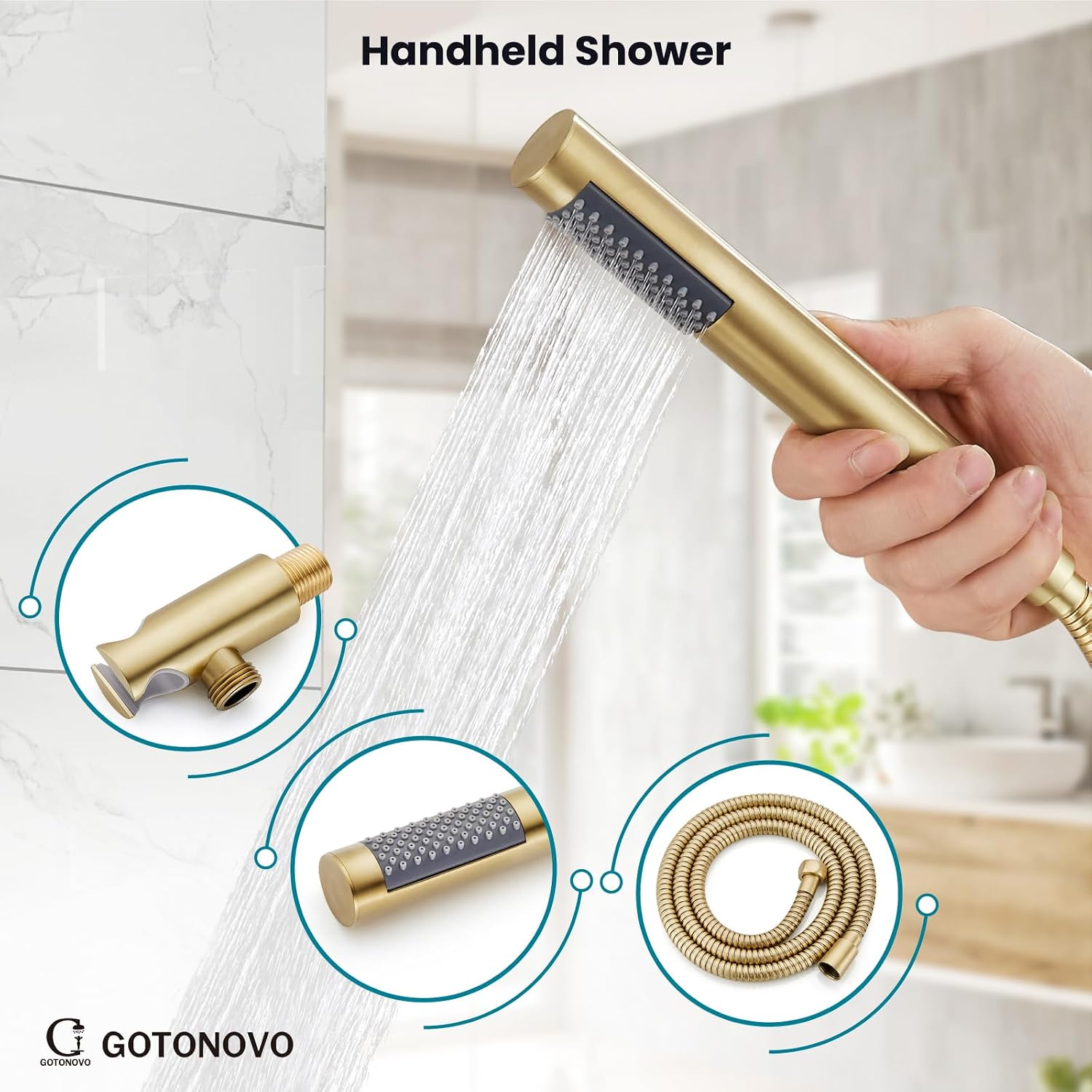 gotonovo Shower System 10 Inch Round Rainfall Showerhead Wall Mounted High Pressure Shower Faucet Set Fixture Combo with Rough in Valve and Cylindrical Handheld Spray, Brushed Gold