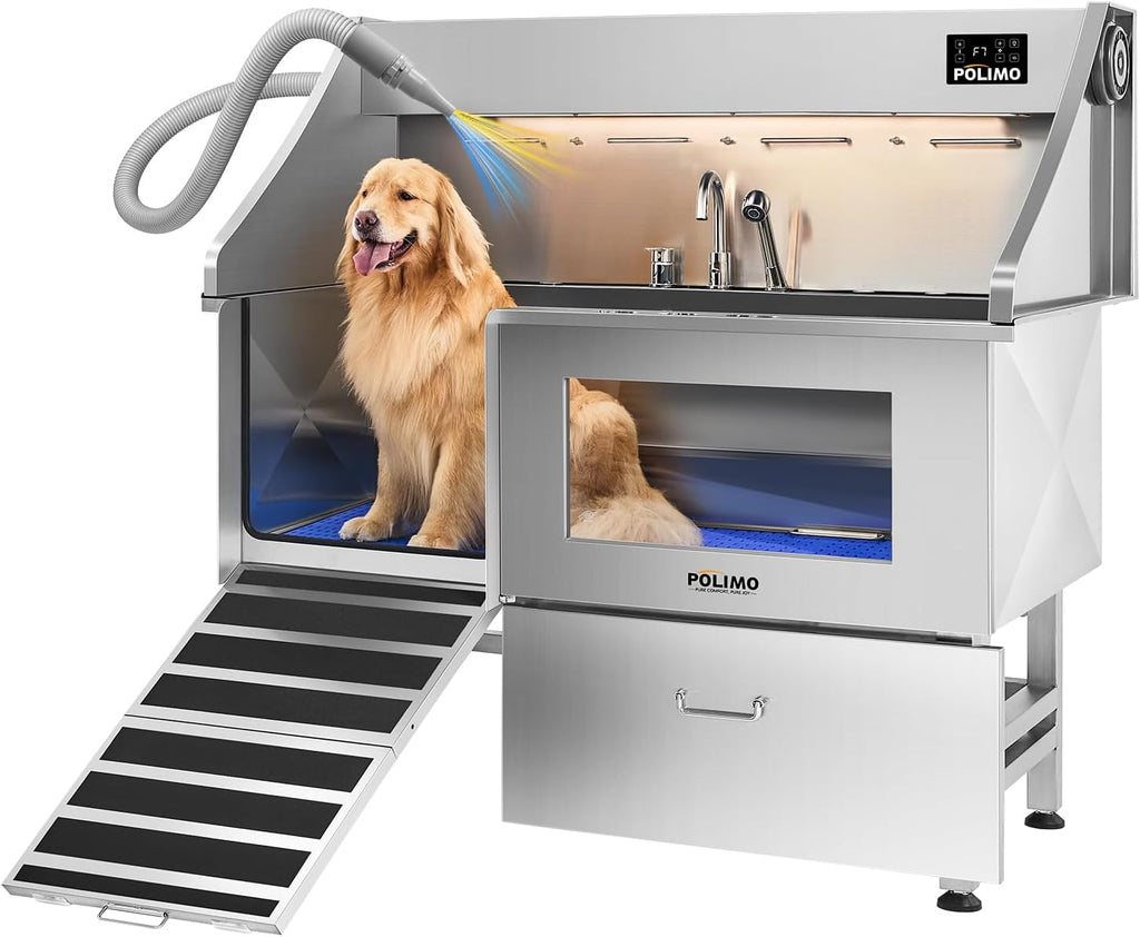 POLIMO Dog Washing Station with Built-in Pet Dryer and LED Display 61' (Left Ramp), 304 Stainless Steel Dog Bathtub for Large Medium Small Dogs, Wash and Dry Grooming Tub with Faucet, Storage Drawer