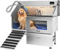 POLIMO Dog Washing Station with Built-in Pet Dryer and LED Display 61' (Left Ramp), 304 Stainless Steel Dog Bathtub for Large Medium Small Dogs, Wash and Dry Grooming Tub with Faucet, Storage Drawer