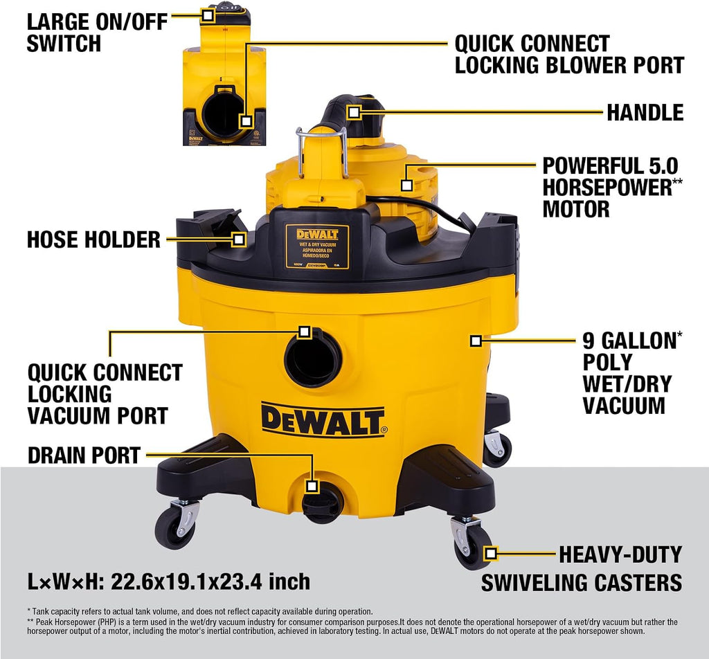 DEWALT Shop Vacuum Wet and Dry, 9 Gal 5 HP Shop Vac with Detachable Blower, Complete Full Set of Accessories & Storage Bag Design, Wet Dry Vacuum Cleaner for Garage Workshop Lawn Yard Patio, DXV209PC