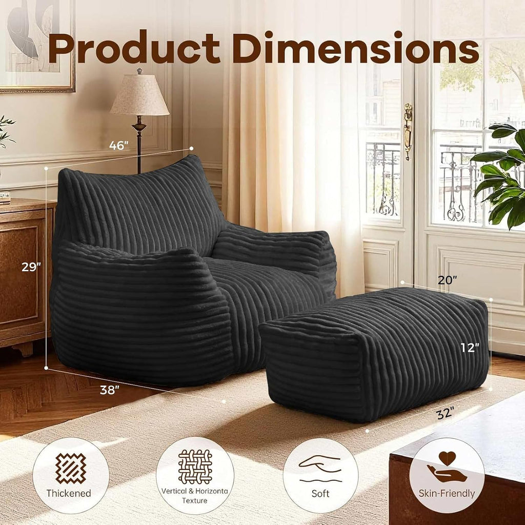 LKD Oversized Bean Bag Chairs for Adults,Bean Bag Chair with arms,Plush Bean Bag,Modern Living Room Decorative Chair,Corner Chair Bedroom,Reading Sofa, Dormitory Lounge Chairs (Black, with Ottoman)
