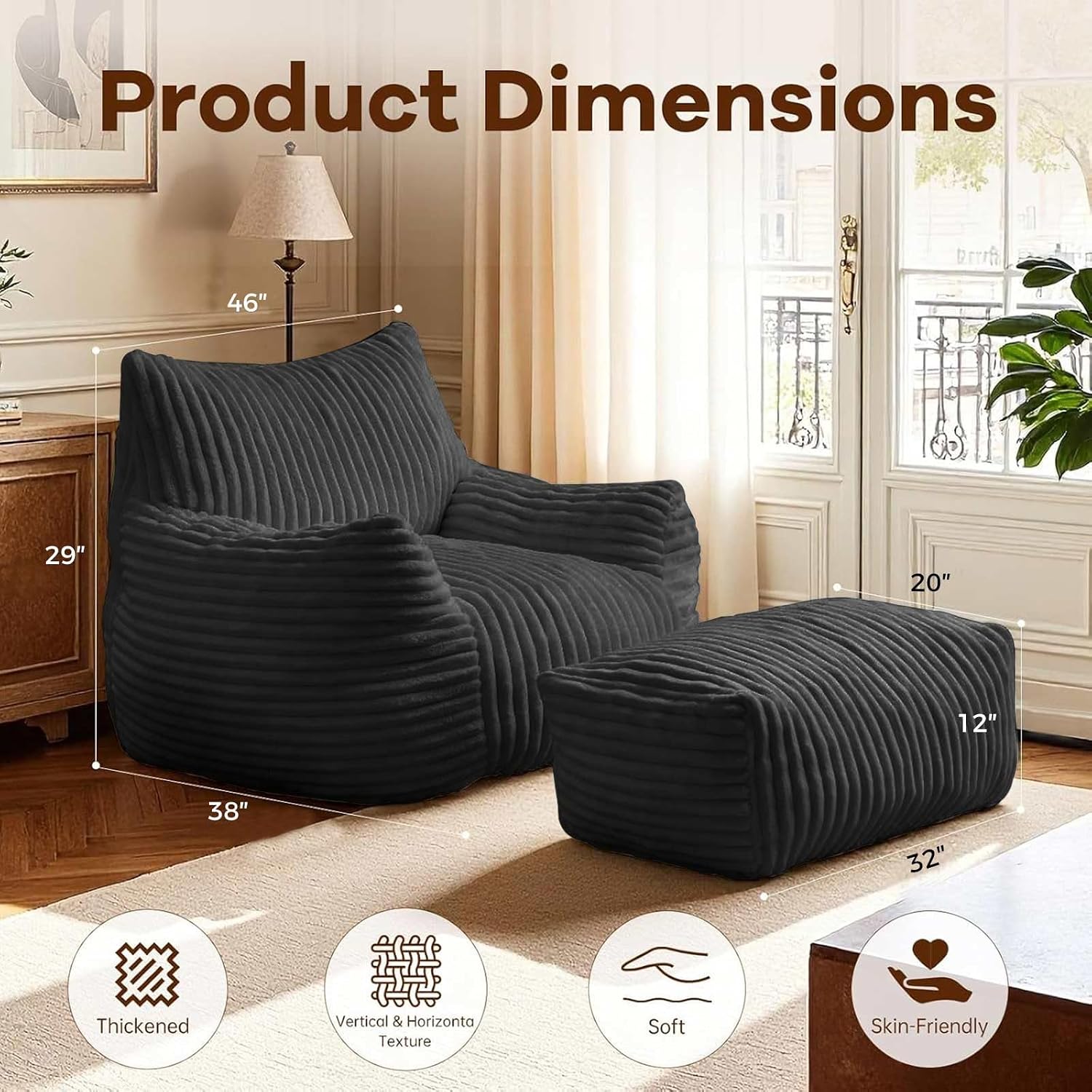LKD Oversized Bean Bag Chairs for Adults,Bean Bag Chair with arms,Plush Bean Bag,Modern Living Room Decorative Chair,Corner Chair Bedroom,Reading Sofa, Dormitory Lounge Chairs (Black, with Ottoman)