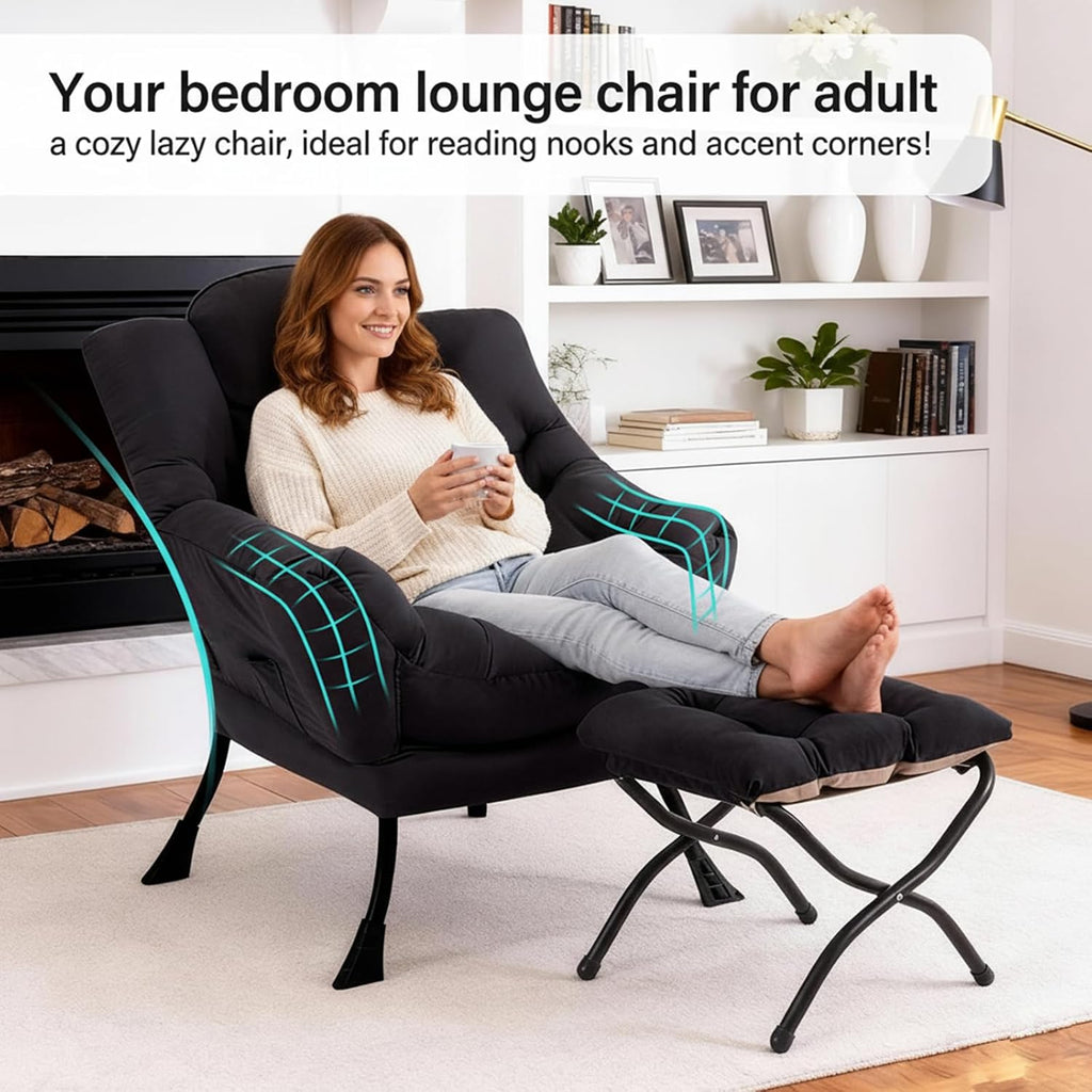 Lazy Chair with Ottoman, Modern Accent Chair with Lumbar Pillow, Black Sofa, Armchairs with Folding Footrest, Oversized Supportive Chairs for Bedroom, Reading