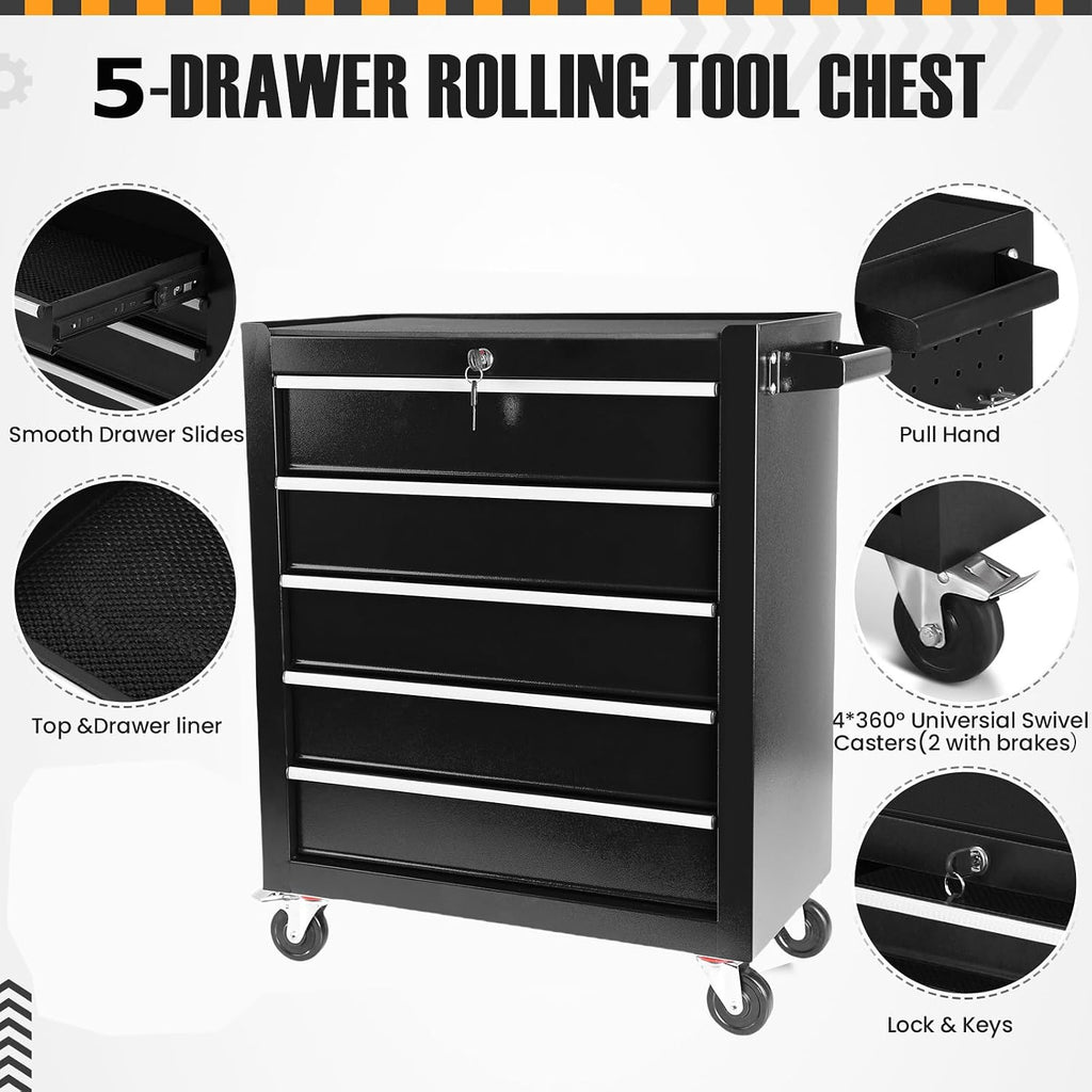 5-Drawer Rolling Tool Chest,Tool Cabinet On Wheels with Keyed Locking System and Drawer Liners,5 Drawer Tool Cart with Drawers,for Garage, Warehouse, Workshop, Repair Shop (Black)