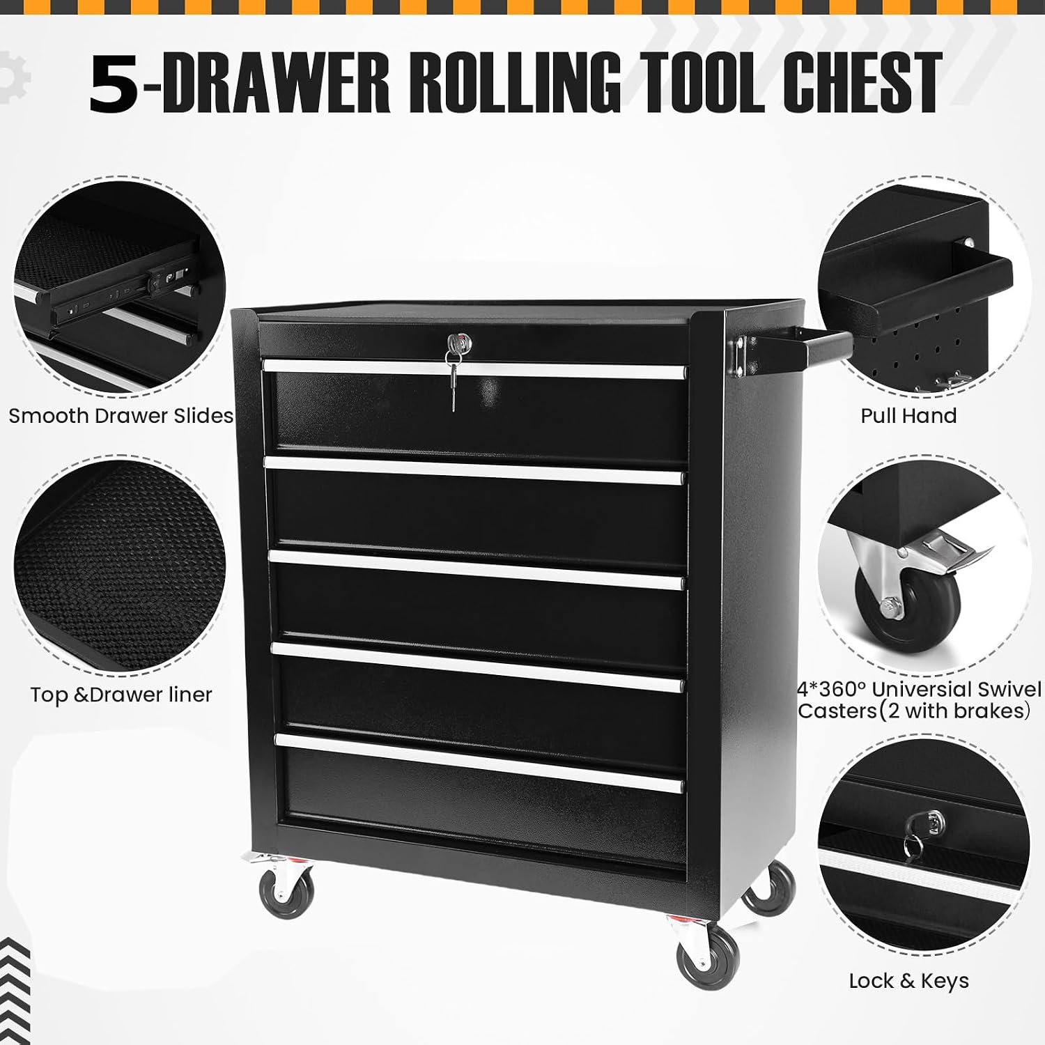 5-Drawer Rolling Tool Chest,Tool Cabinet On Wheels with Keyed Locking System and Drawer Liners,5 Drawer Tool Cart with Drawers,for Garage, Warehouse, Workshop, Repair Shop (Black)