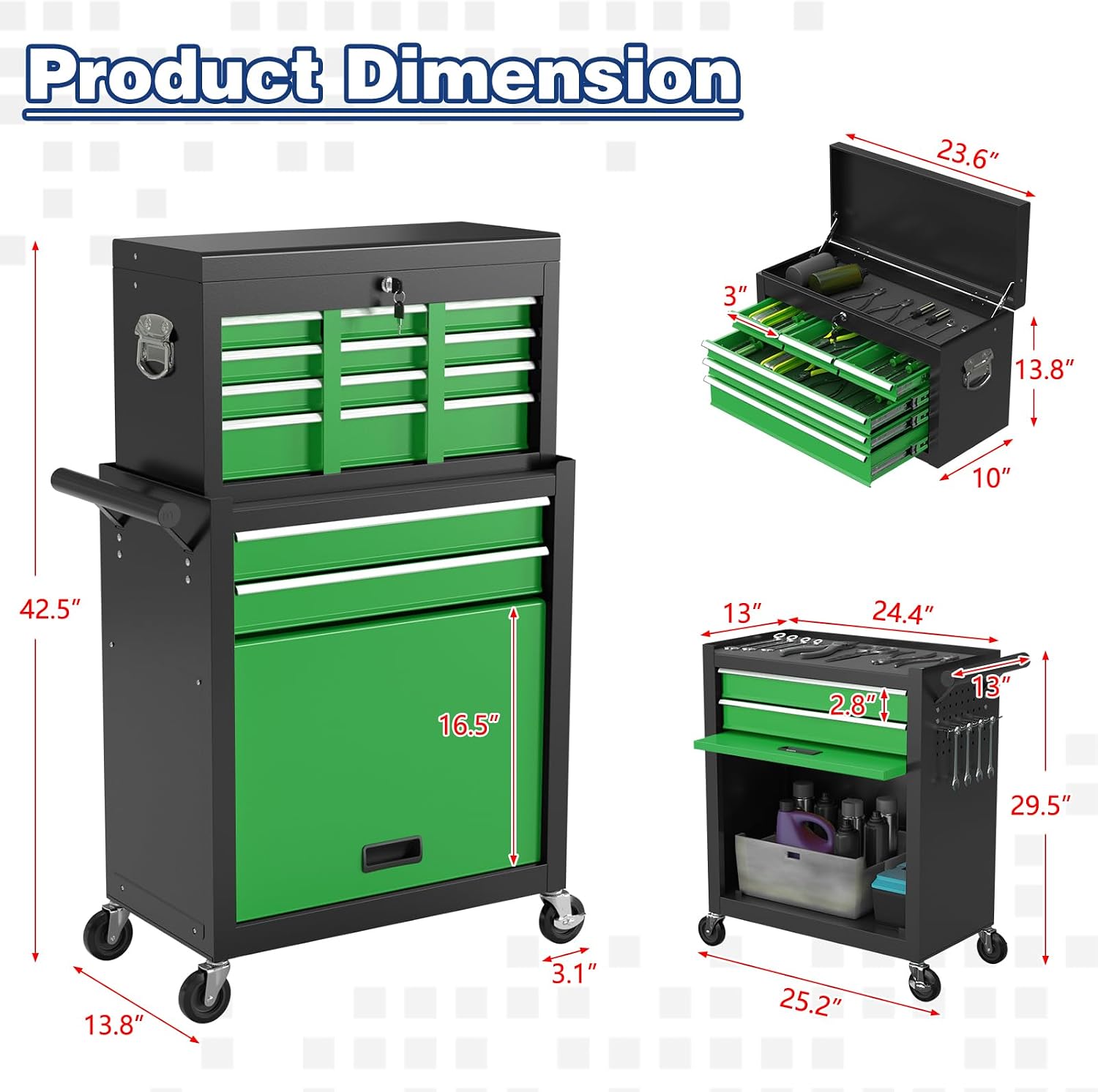 Rolling Tool Chest with Wheels, 8-Drawer High Capacity Tool Box with Wheels, Removable Storage Toolbox with Lock for Garage, Workshop (Blackgreen)