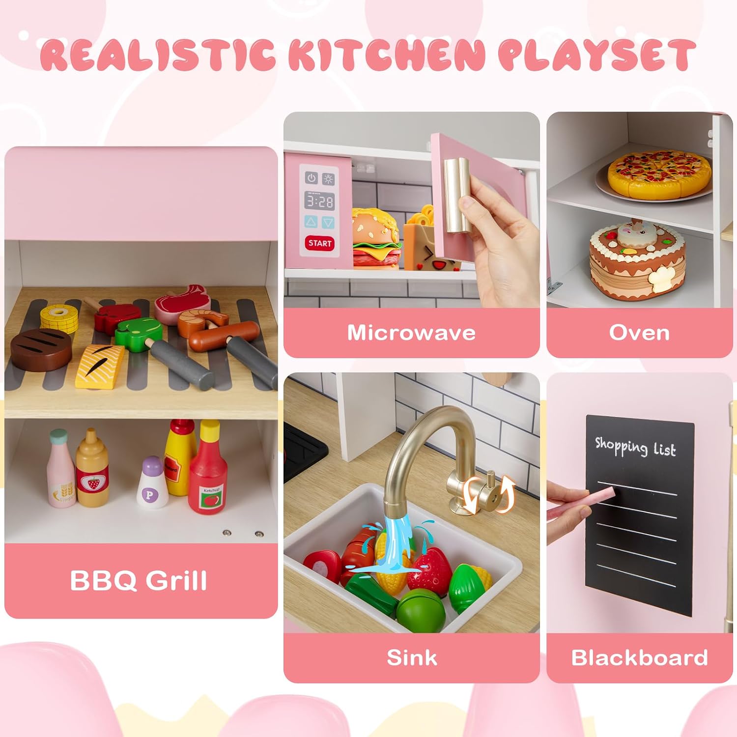 Costzon Kids Kitchen Playset, Wooden Pretend Play Kitchen with BBQ Grill, Ice Maker, Range Hood, Blackboard & Cooking Accessories, Toy Kitchen Set with Lights & Sounds, Gift for Toddlers Ages 3+