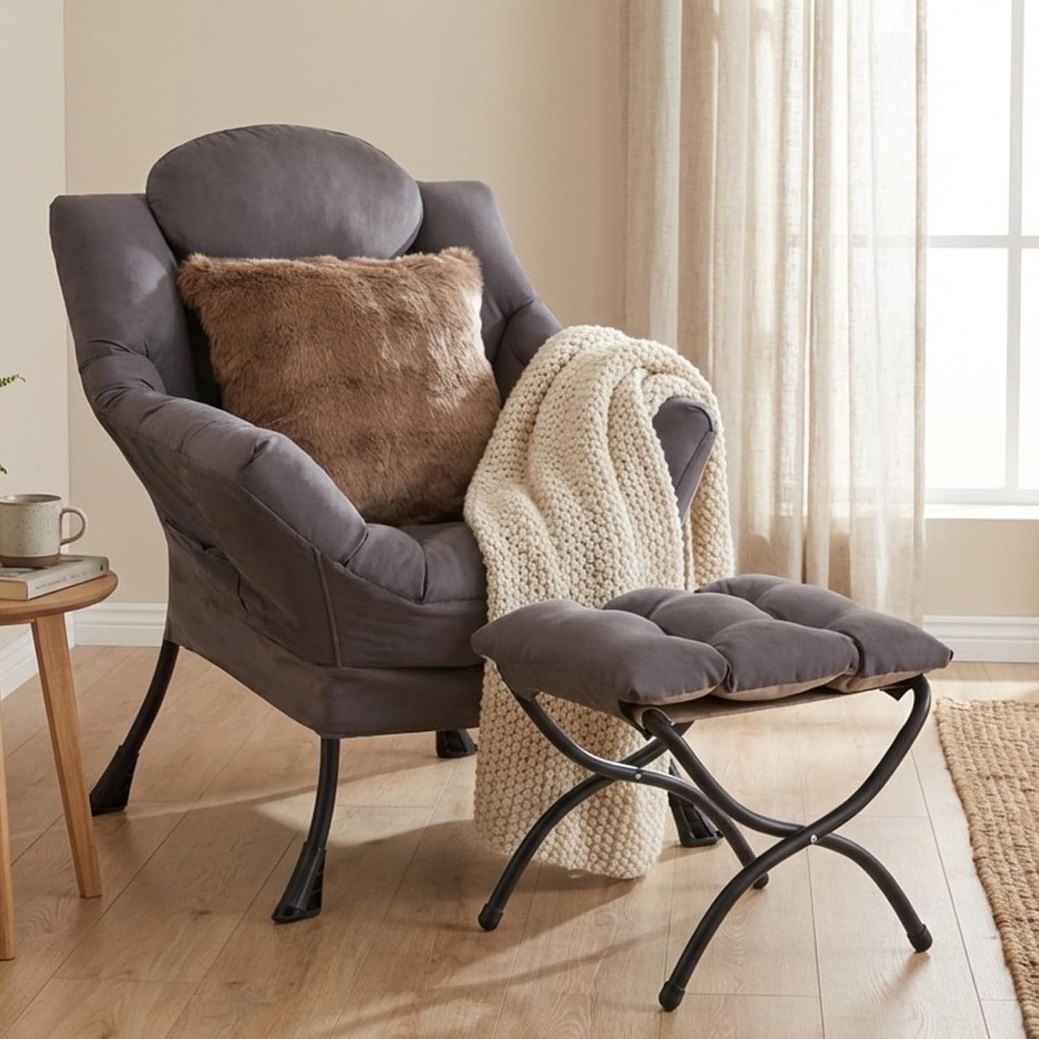 Lazy Chair with Ottoman, Large Accent Chair with Ottoman and a Throw Pillow, Shadow Grey Reading Chair for Living Room Bedroom Dorm Room Office Apartment Relaxing Use