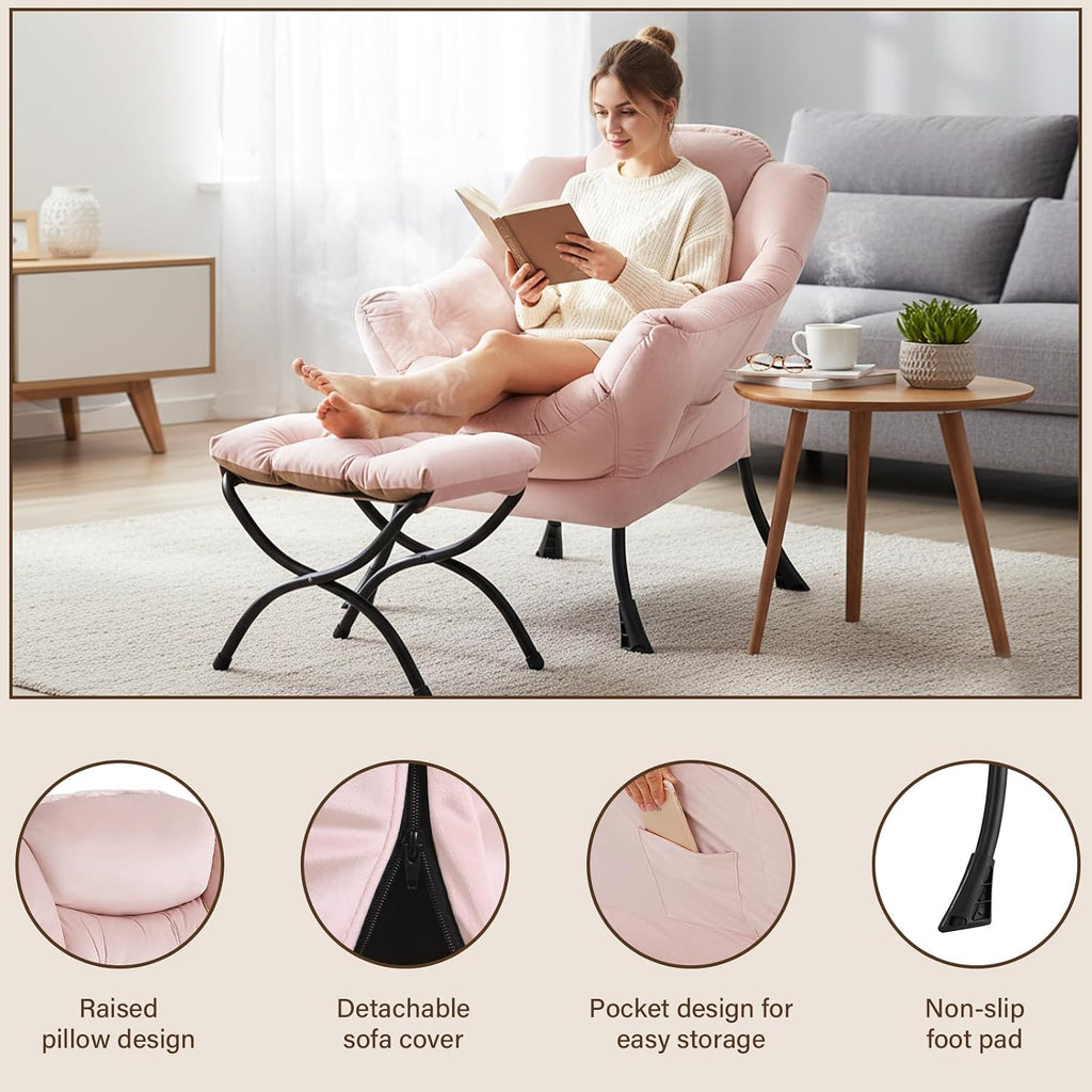 Welnow Lazy Chair with Ottoman, Modern Accent Chair with Armrests and a Side Pocket, Leisure Sofa Armchair, Reading Armchair with Footrest for Small Space, Pink