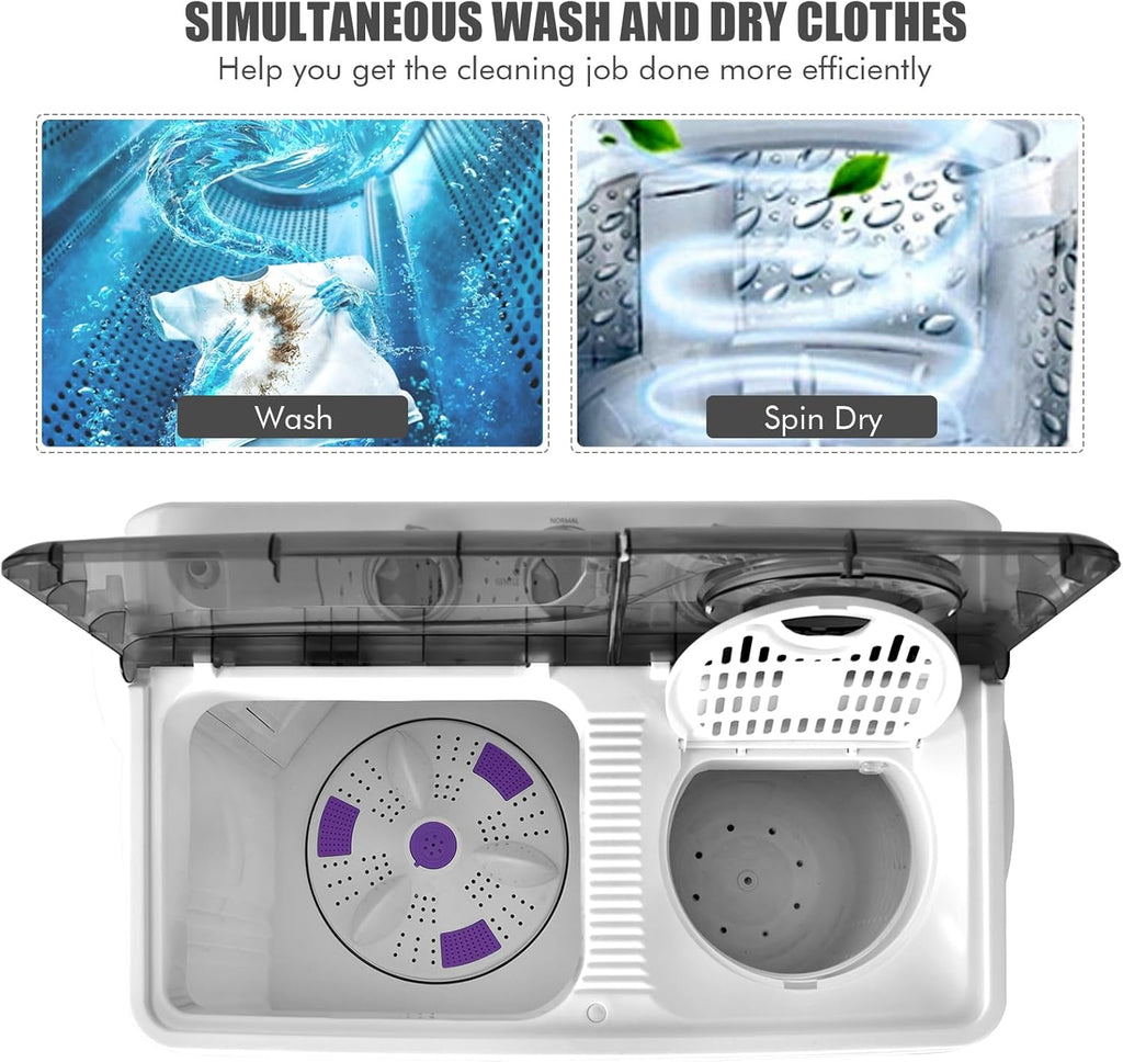 COSTWAY Portable Washing Machine, Twin Tub 26lbs Capacity Laundry, 18lbs Washer and 8lbs Spinner Combo with Timer Knobs, Built-in Drain Pump, Compact Washer for Home Dorm Apartment (Grey+White)