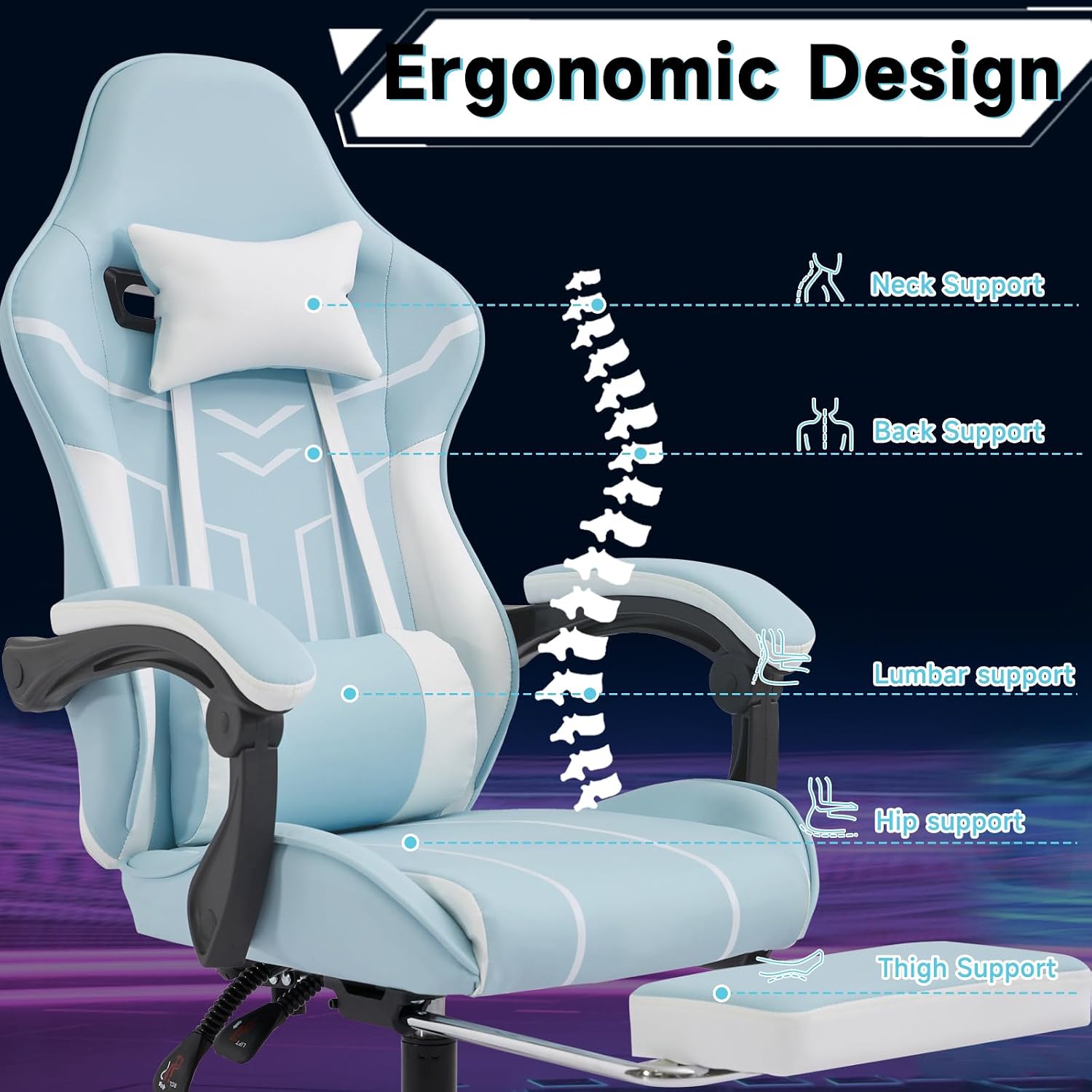 Gaming Chair with Massage and Footrest, Ergonomic High Back PC Racing Chair, 300LBS Capacity with Adjustable Lumbar Support & Headrest for Office and Desk (Model D, Blue+White)