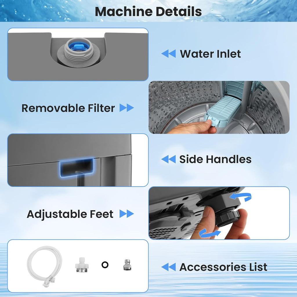 Nictemaw Portable Washing Machine 17.8Lbs, 2.4Cu.ft Full Automatic Portable Washer with 10 Wash Programs, 8 Water Levels & Drain Pump, Compact Laundry Washer for Home, RV, Dorm, Grey