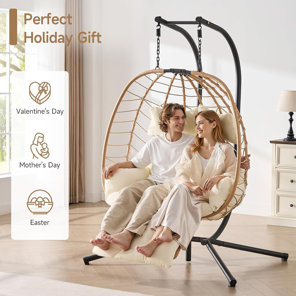 ONBRILL Double Egg Chair with Adjustable Footrest & Stand, Rattan Hammock Swing Loveseat with Cushions & Headrests, 650LBS Capacity Hanging Chairs for Outdoor & Indoor Patio, Deck, Bedroom (YE-BE)