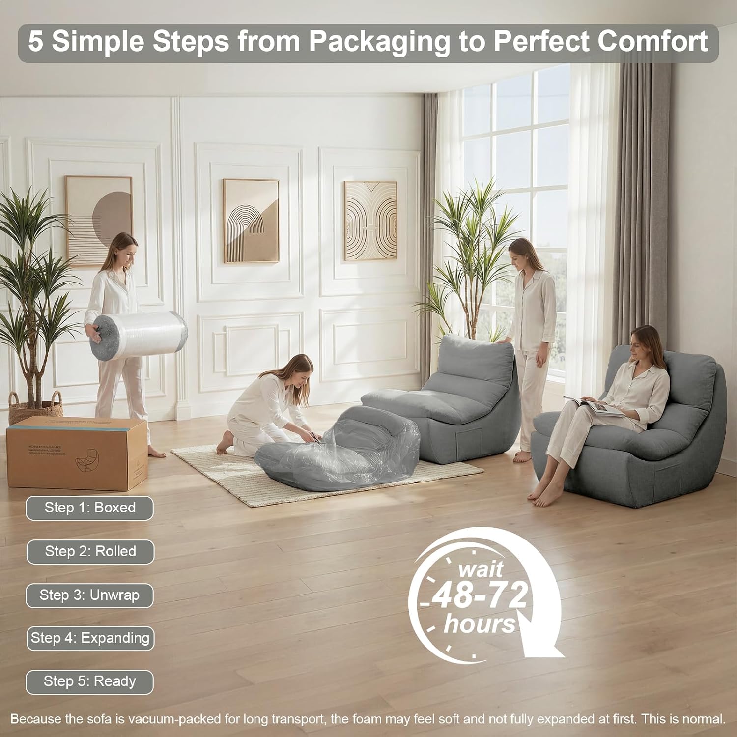 Set of 3 Giant Bean Bag Chairs for Adults, Boneless Lounge Chair, Togo Sofa, Fireside Chair, Anti Cat Scratch Fabric with Machine Washable, Single Sofa for Bedroom, Living Room, Reading Corner (Grey)