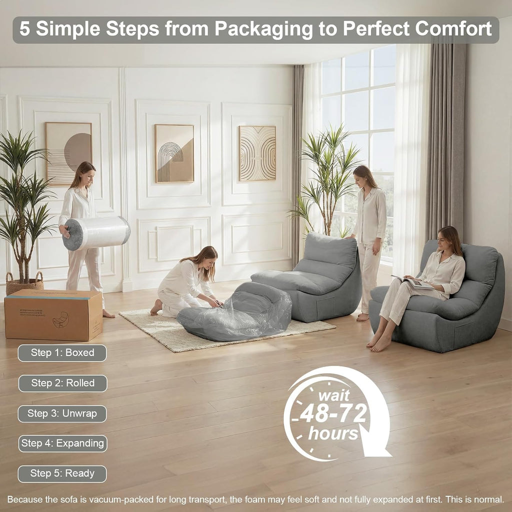 Set of 2 Giant Bean Bag Chairs for Adults, Boneless Lounge Chair, Togo Sofa, Fireside Chair, Anti Cat Scratch Fabric with Machine Washable, Single Sofa for Bedroom, Living Room, Reading Corner (Grey)