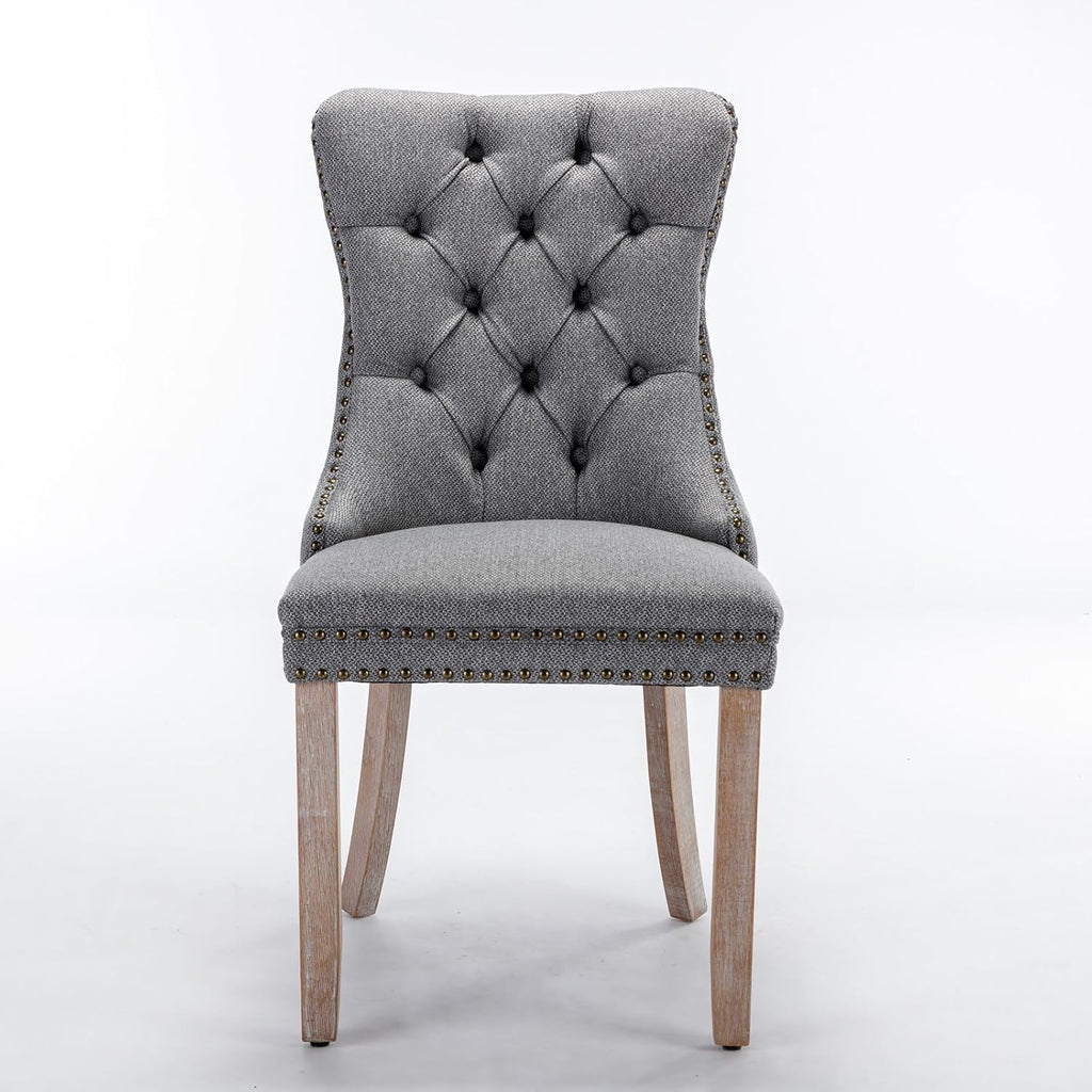 Ball & Cast Contemporary Upholstered Dining Chairs Set of 2, Button Tufted Kitchen Side-Chairs with Hang Ring & Nailhead Trims & Solid Wood Legs, 2-Piece Backrest Traditional Chair, Linen Gray