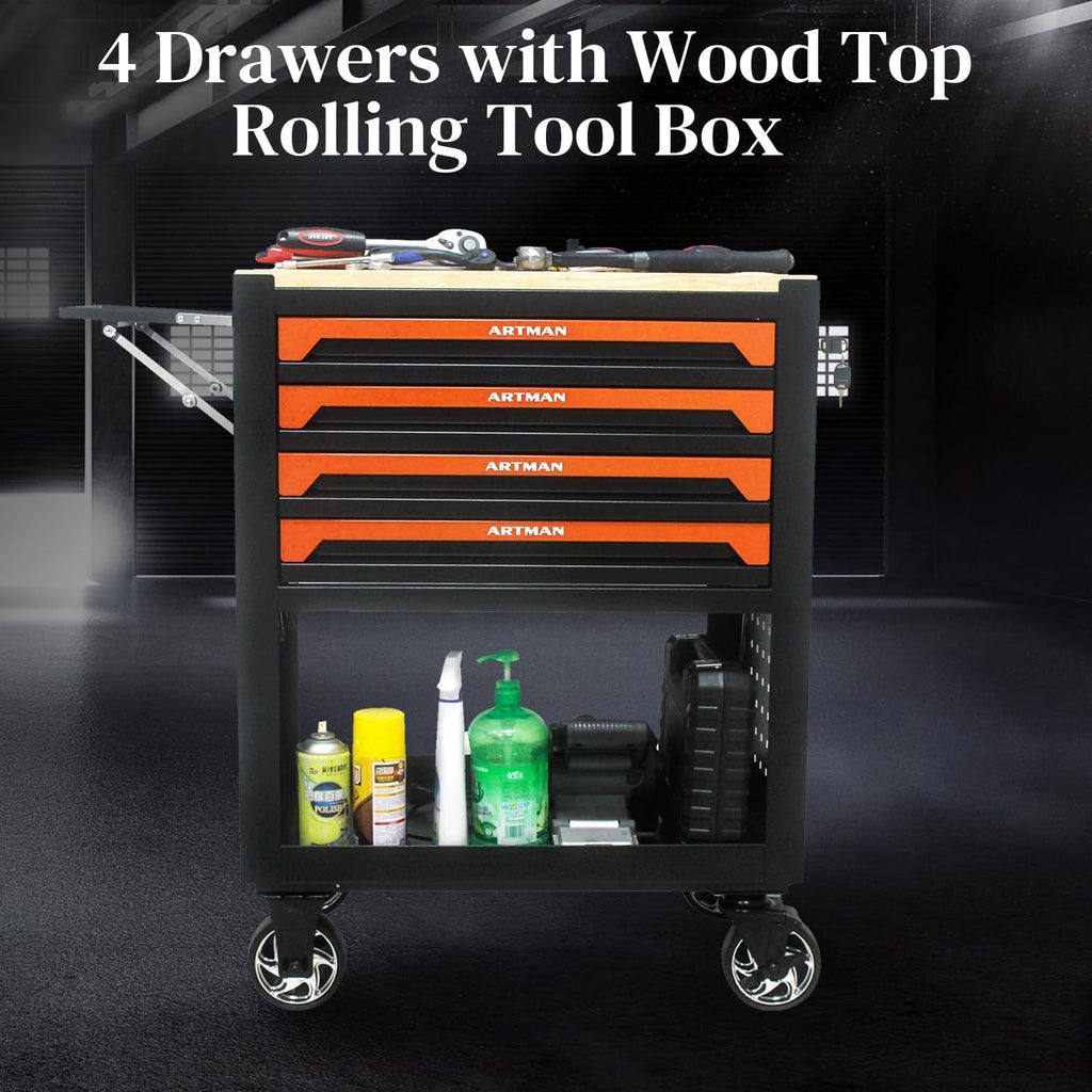 Rolling Tool Cart with 4-Drawer Wood Top Utility Tool Chest on Wheels Mechanic Tool Storage Organizer Cabinet for Garage, Warehouse, Workshop, Repair Shop (Orange)