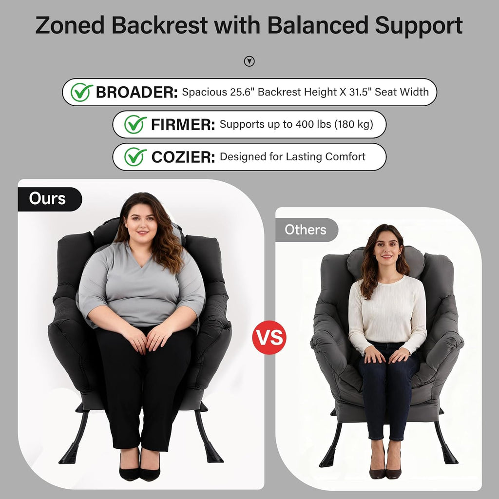 Lazy Chair with Ottoman, Modern Accent Chair with Lumbar Pillow, Black Sofa, Armchairs with Folding Footrest, Oversized Supportive Chairs for Bedroom, Reading