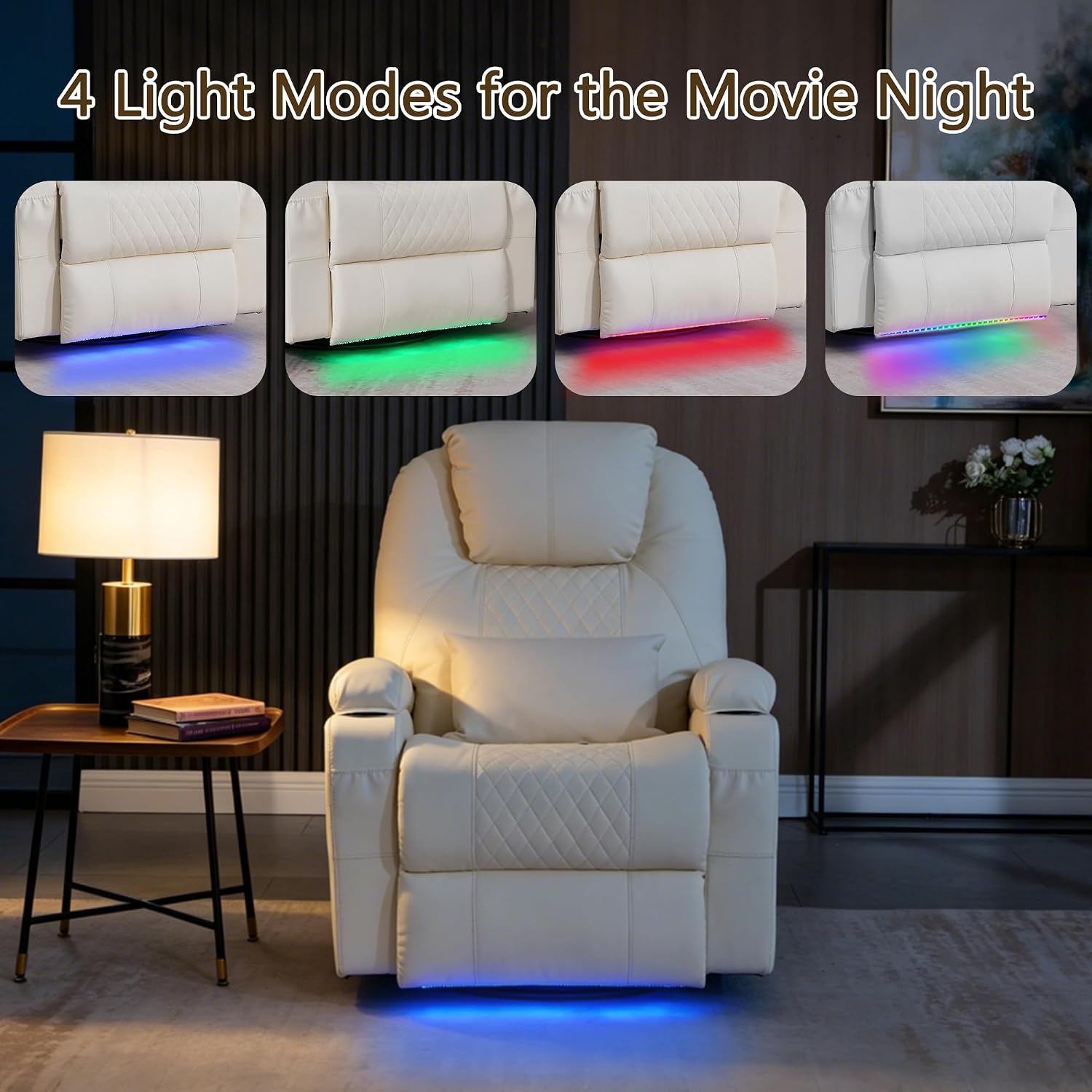 Dual Motor Power Swivel Rocker Recliner Chair with Heat and Massage,Electric Glider Rocking Chairs for Nursery,Theater Seating with LED Lights, USB A/USB C Ports for Living Room (1, Beige)