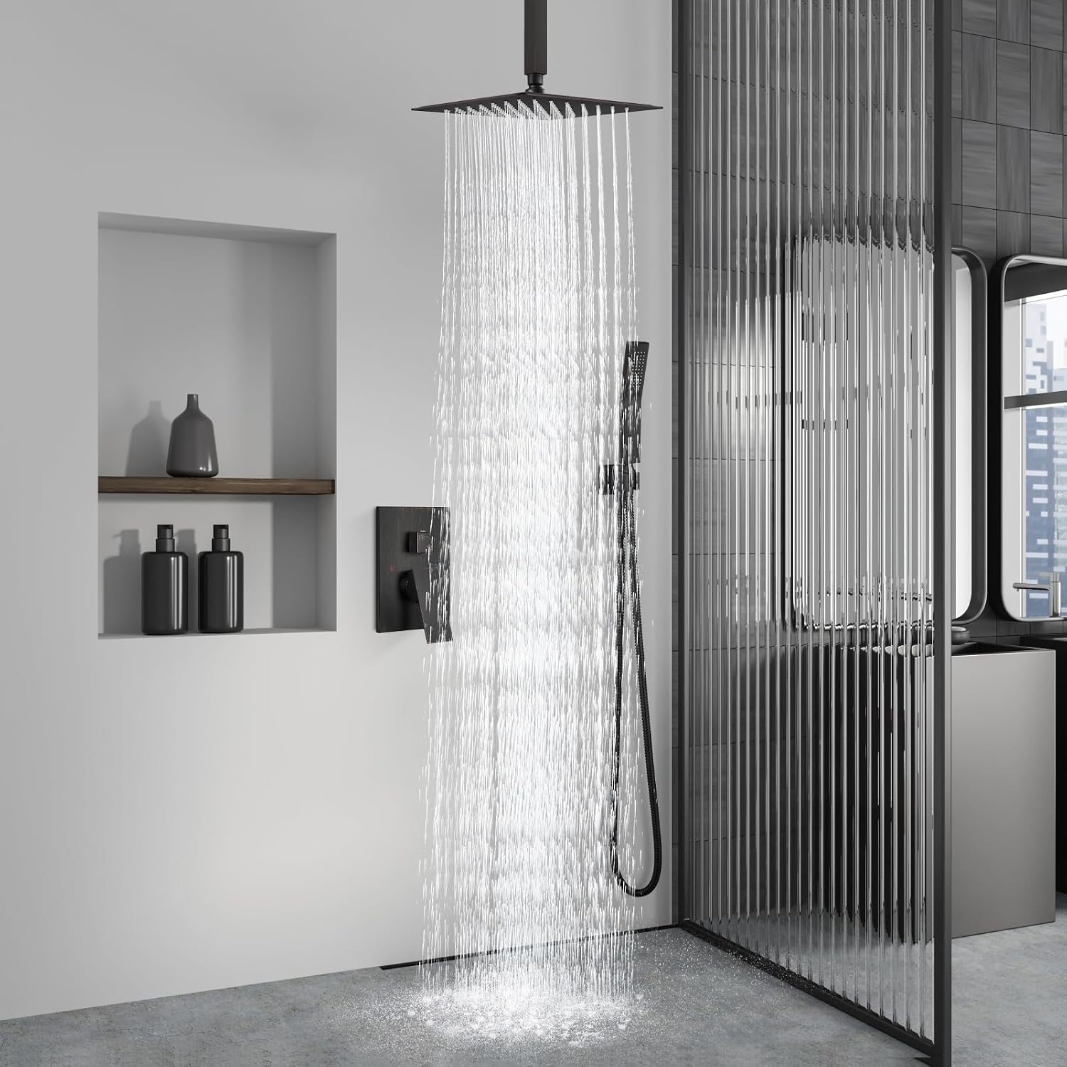 Aolemi Ceiling Mount Shower System Rain Shower Head with Handheld Spray High Pressure Shower Faucet Set Rough-in Valve Shower Trim Kit Included Bathroom Oil Rubbed Bronze 12 Inch Ceiling Shower Head