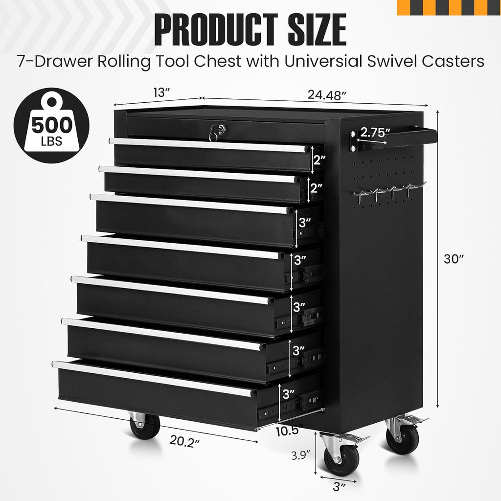 7-Drawer Rolling Tool Chest with Wheels,Tool Cabinet on Wheels with Keyed Locking,Multifunctional Tool Cart on Wheels,Tool Storage Organizer Cabinets for Garage,Warehouse, Repair Shop (Black)