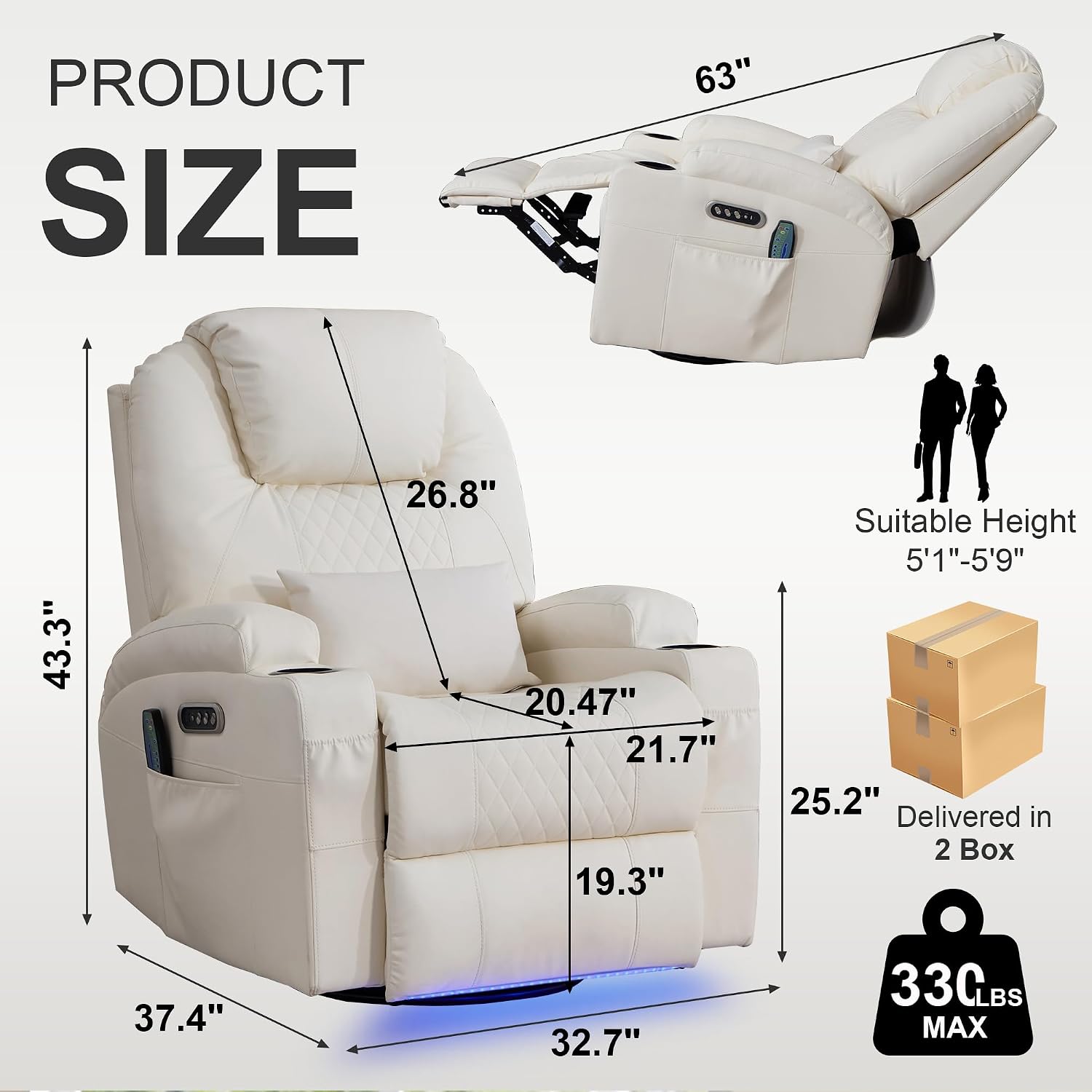 Dual Motor Power Swivel Rocker Recliner Chair for Adults with Heat and Massage,Electric Wall Hugger Glider Rocking Recliner for Nursery Living Room with LED Lights,USB A&C Ports(Beige, Single)