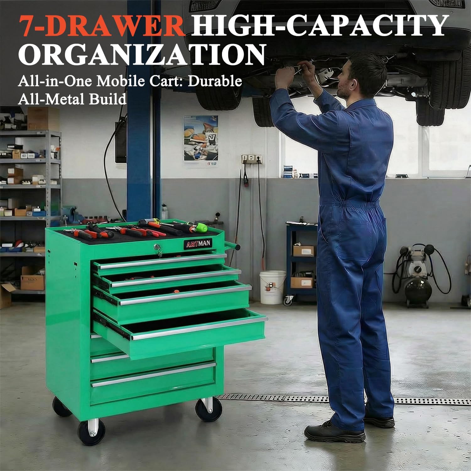 7 Drawers Tool Cart on Wheels,Multifunctional Rolling Tool Chest Tool Storage,Drawers Rolling Tool Trolley Organizer Tool Case for Repair Shop,Garage,Warehouse,Workshop (7 Drawers-Green)